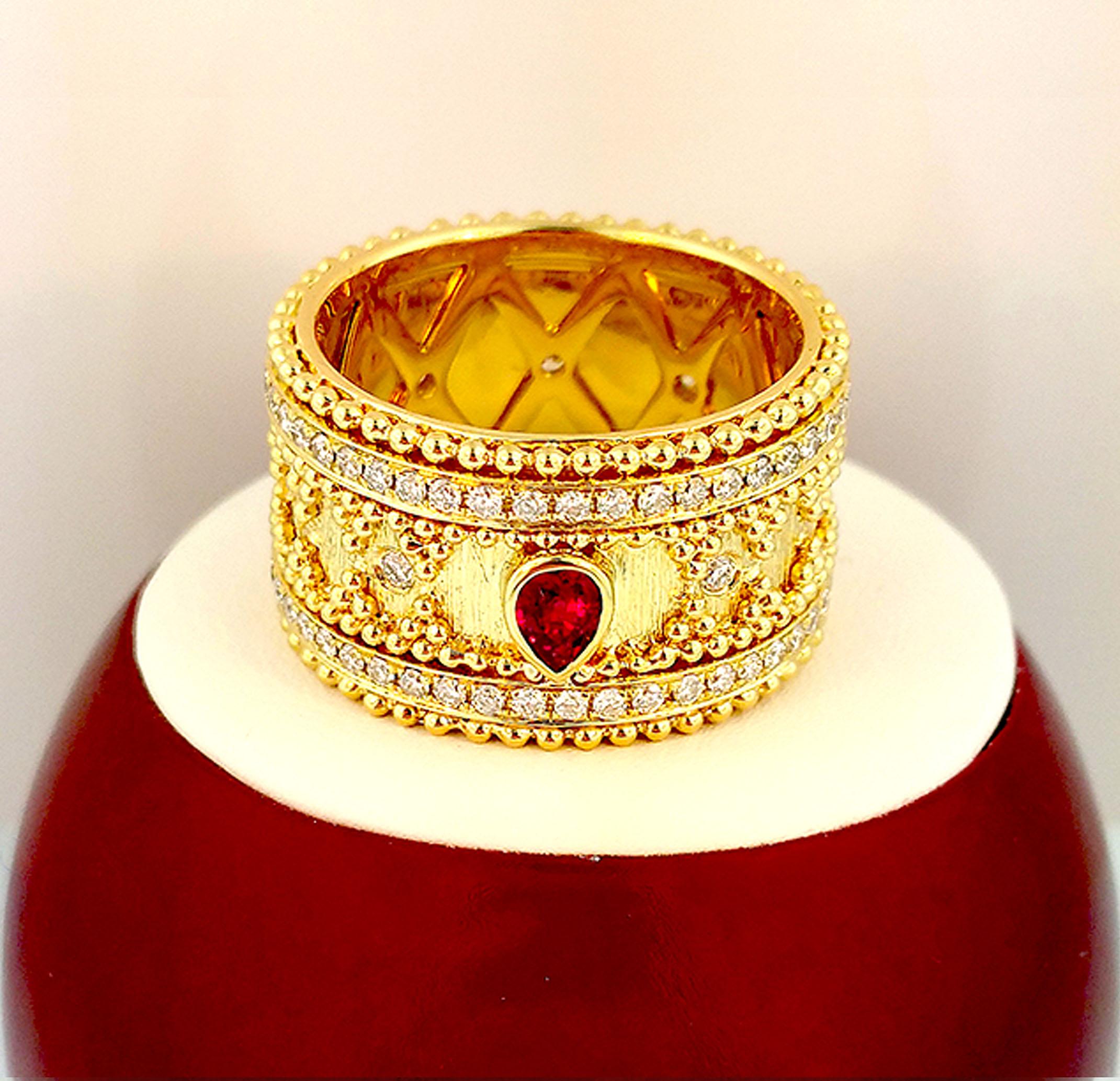 Round Cut 18 Karat Gold Granulata Style Ruby & Diamond Ring For Sale