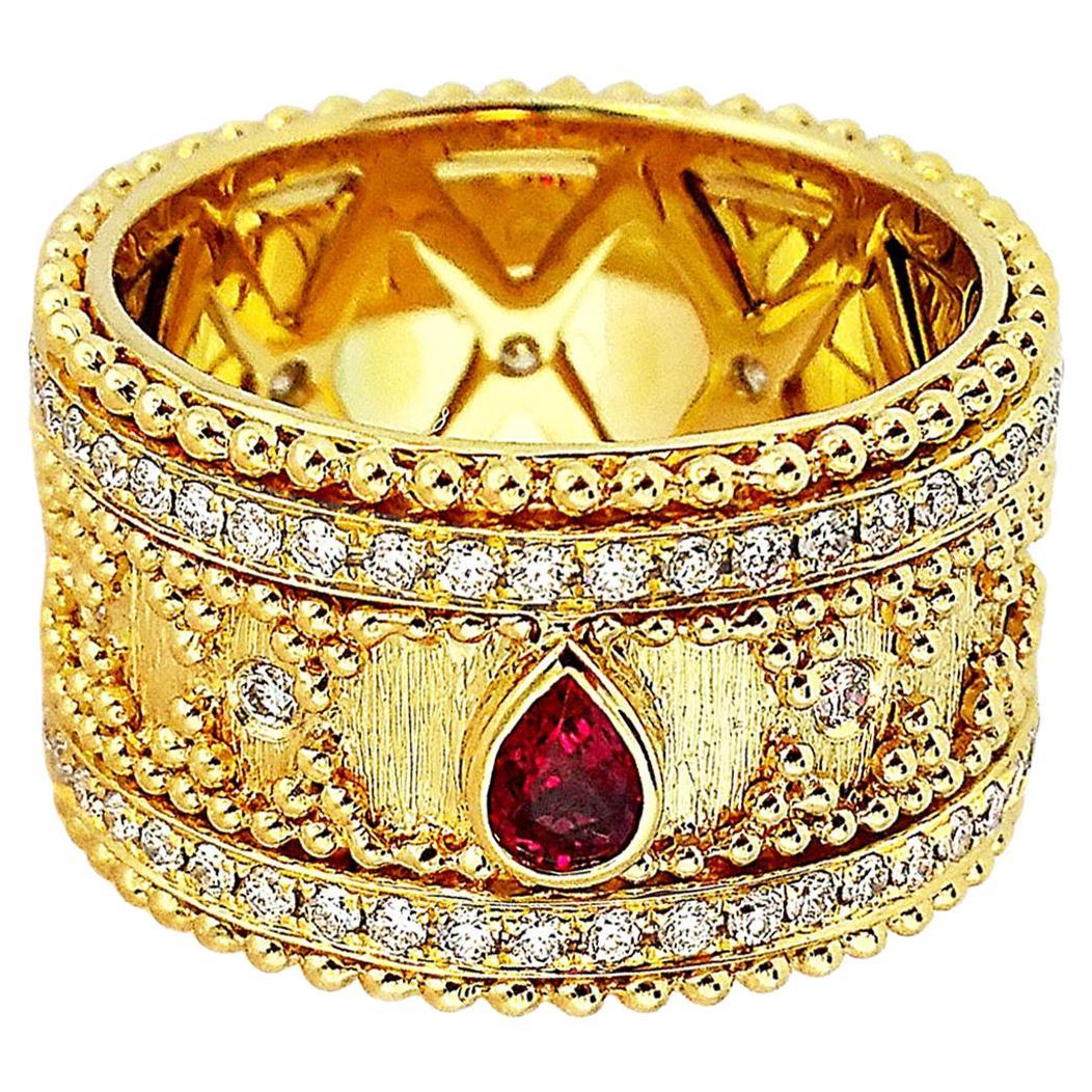 18 Karat Gold Granulata Style Ruby & Diamond Ring For Sale