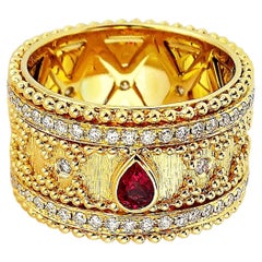 18 Karat Gold Granulata-Ring mit Rubin und Diamanten
