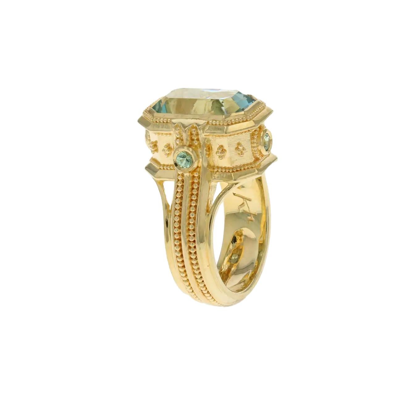 Contemporary 18 Karat Gold Granulation Kent Raible Aquamarine Cocktail Ring with Green Garnet