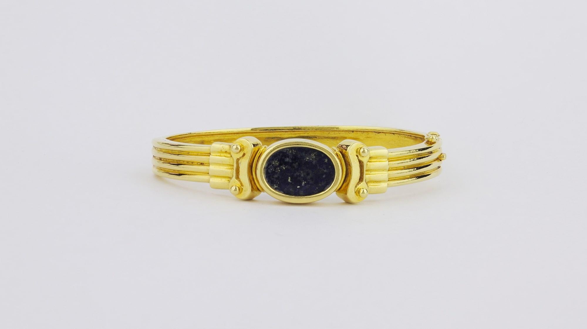 Greek Revival 18 Karat Gold Greek Lapis Lazuli Bangle For Sale