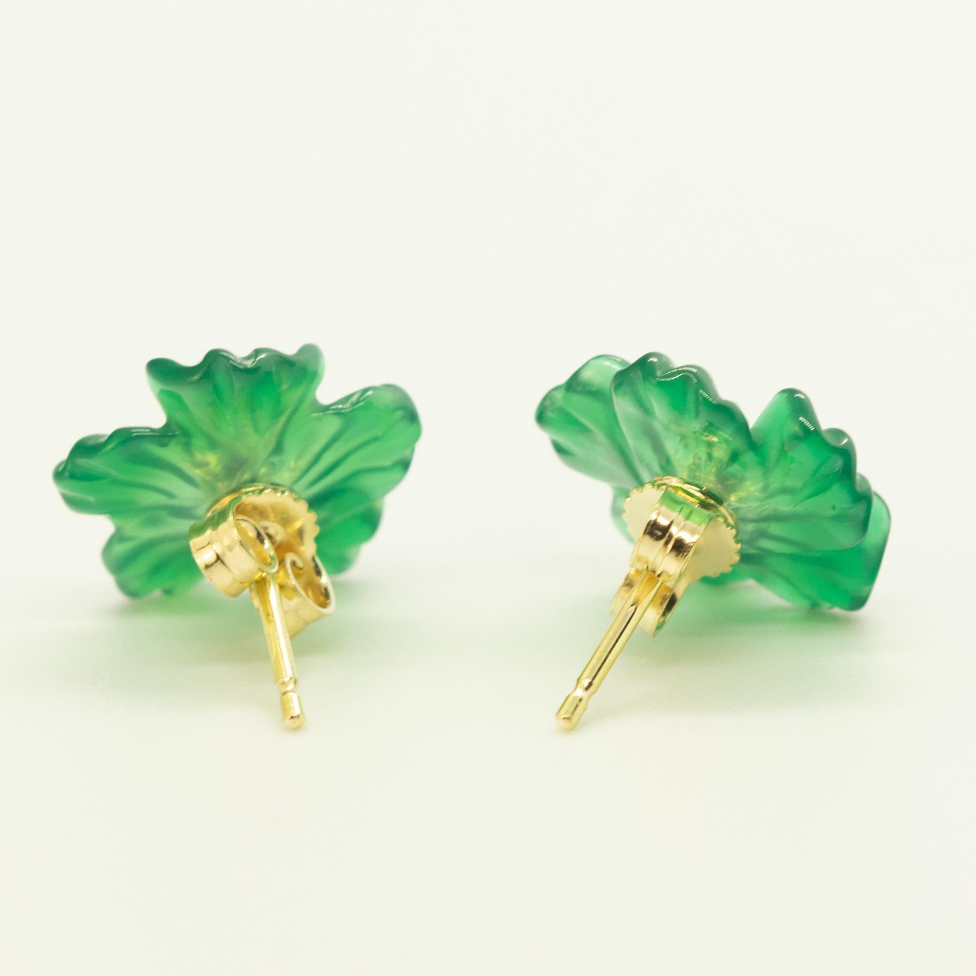 Clous d'oreilles en or 18 carats avec agate verte, rubis rouge et fleur, fabriqués à la main, Intini Jewels en vente 2