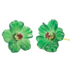 18 Karat Gold Green Agate Red Ruby Flower Handmade Stud Earrings Intini Jewels
