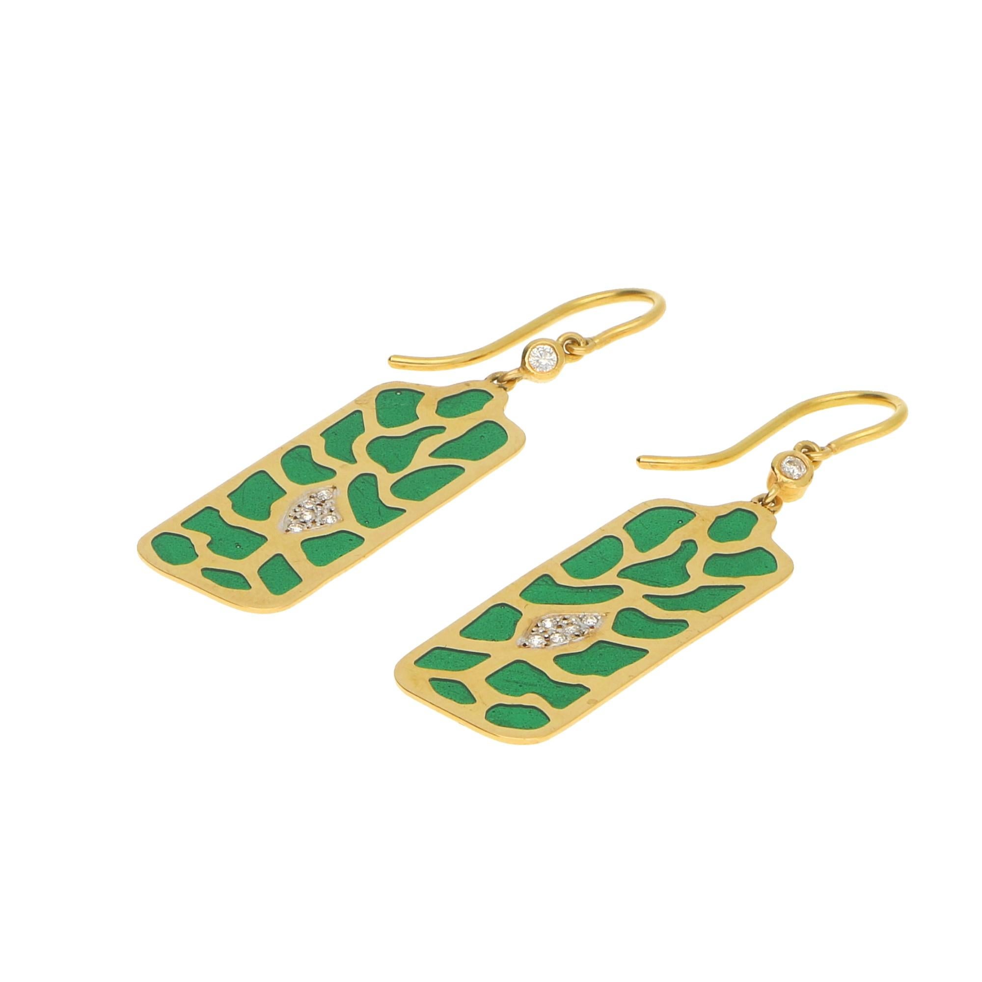 Round Cut Green Plique-A-Jour Enamel Diamond Drop Earrings in 18 Karat Yellow Gold 0.16cts