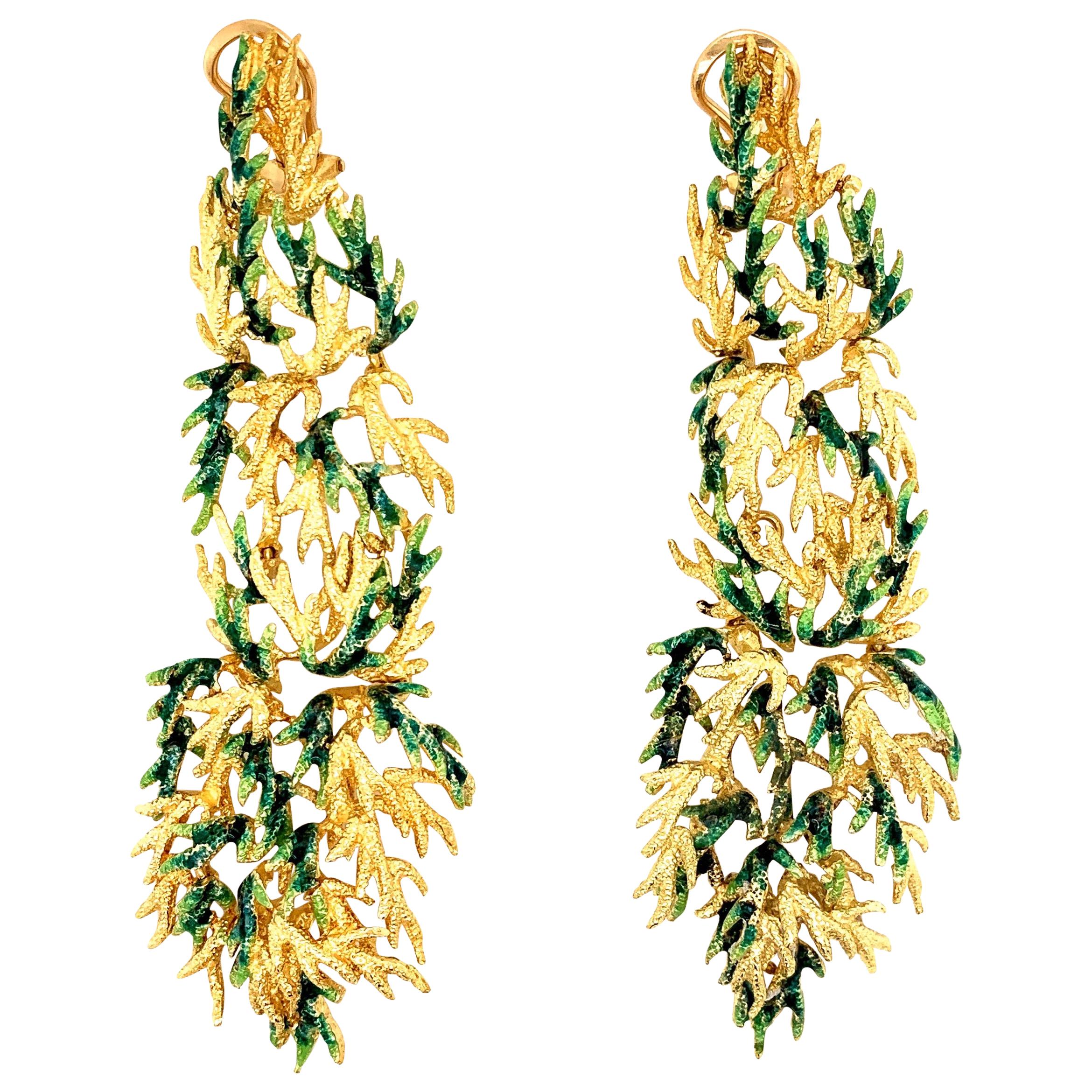 18 Karat Gold Green Enamel “Leaf” Motif Drop Earrings