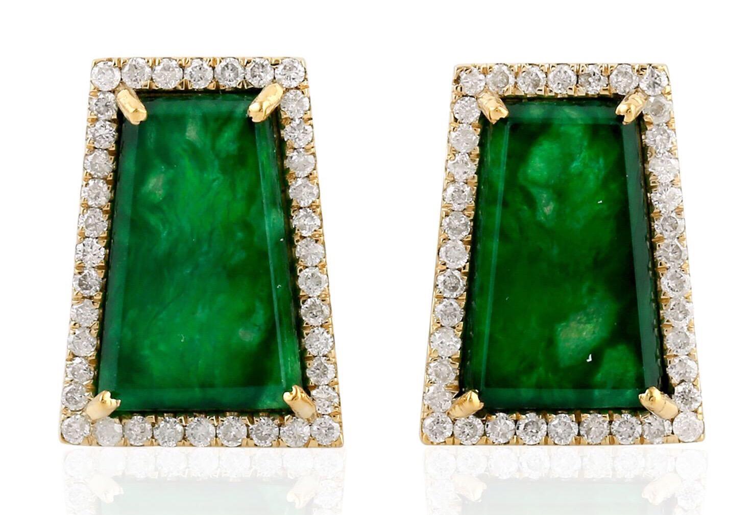 Contemporary Jade Diamond 18 Karat Gold Stud Earrings For Sale