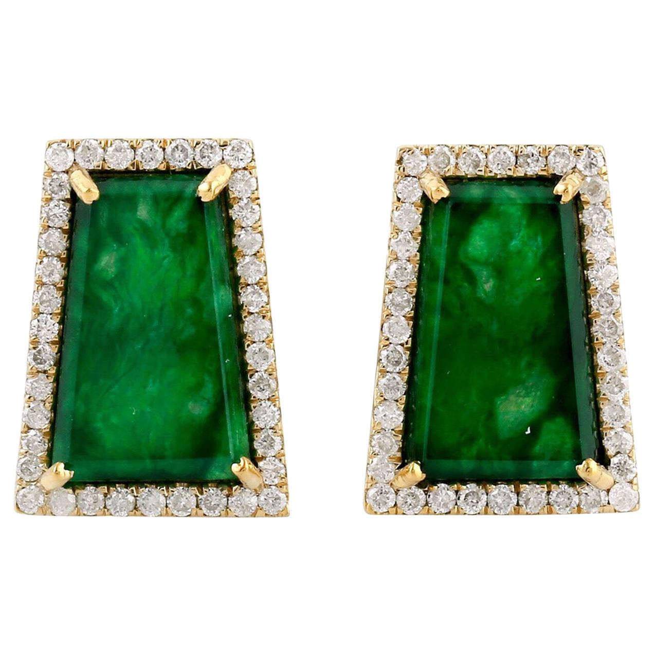 Jade Diamond 18 Karat Gold Stud Earrings For Sale