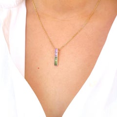 18 Karat Gold Green Pink Bi-Tourmaline Linear Watermelon Bar Pendant Necklace