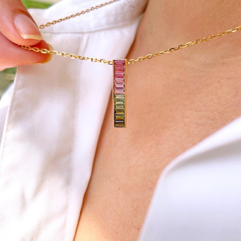 18 Karat Gold Green Pink BiTourmaline Linear Watermelon Bar Pendant
