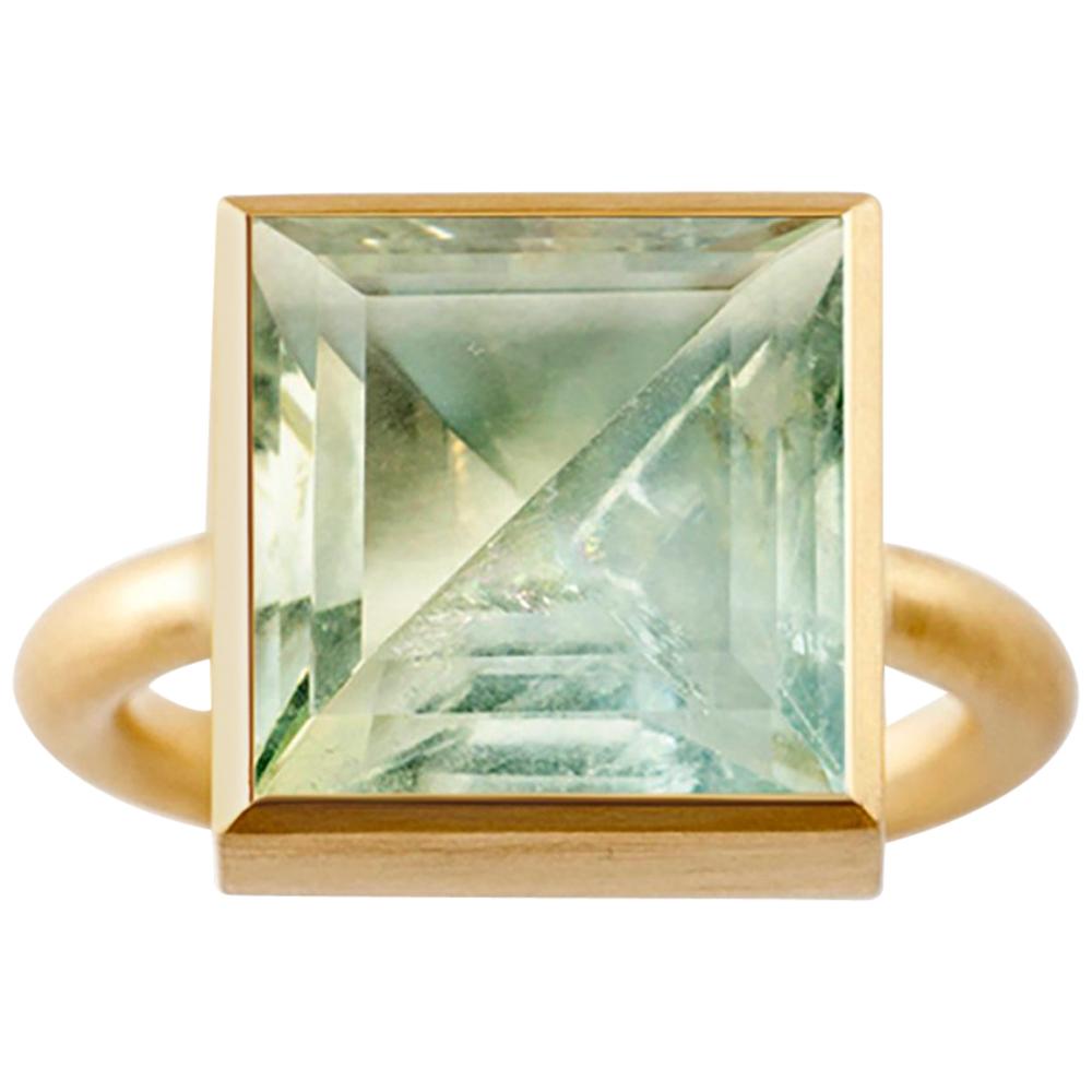 18 Karat Gold Green Quartz or Blue Fluorite Two-Stone Modern Cocktail Ring 7-13 For Sale
