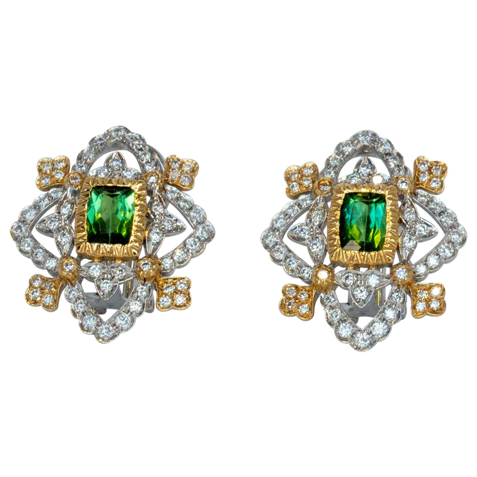18 Karat Gold Green Unheated Natural Tourmaline and Diamonds Earrings