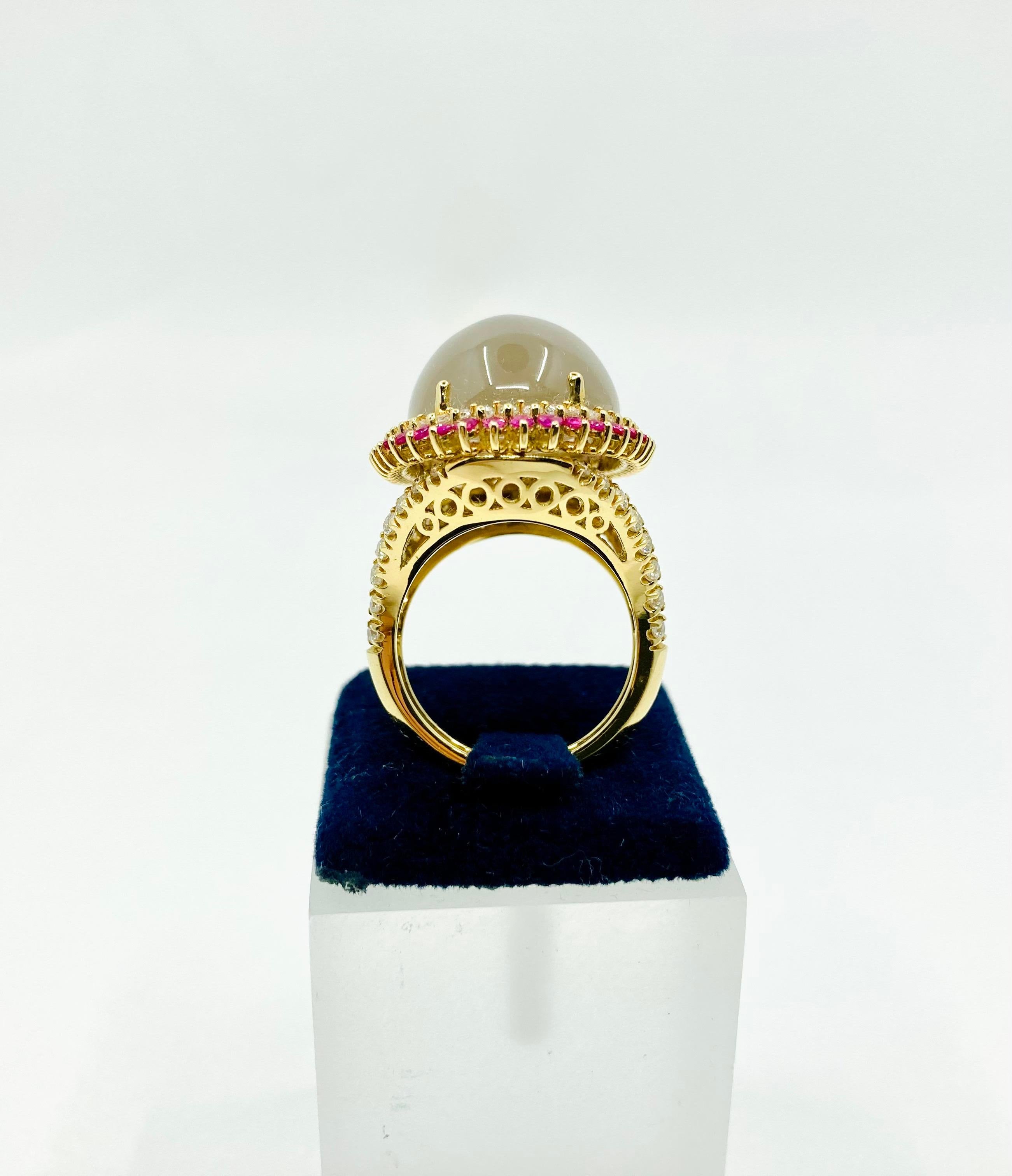 Modern 18 Karat Gold Grey Moonstone, Red Sapphires and Diamonds Italian Ring For Sale