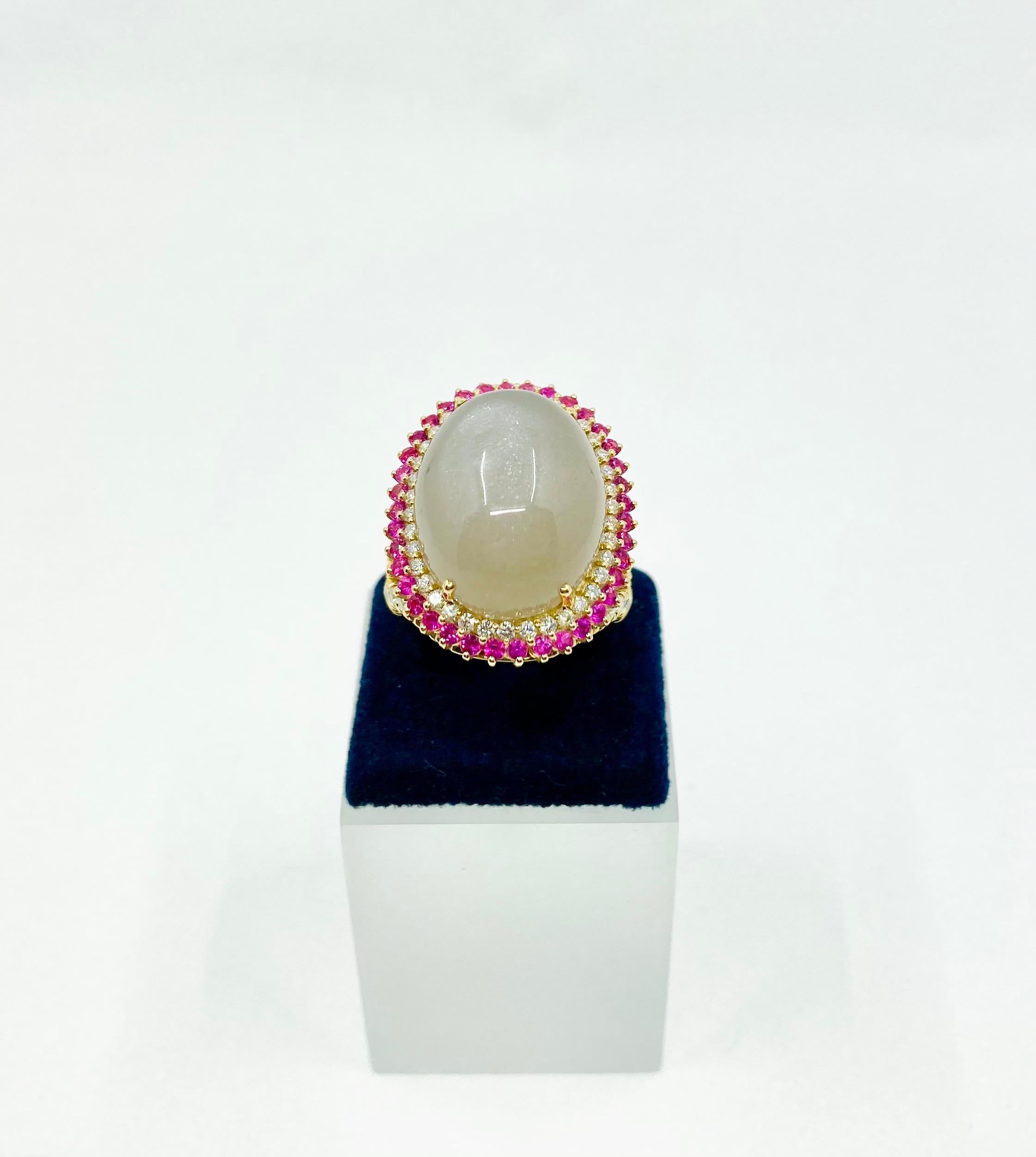 Women's 18 Karat Gold Grey Moonstone, Red Sapphires and Diamonds Italian Ring For Sale