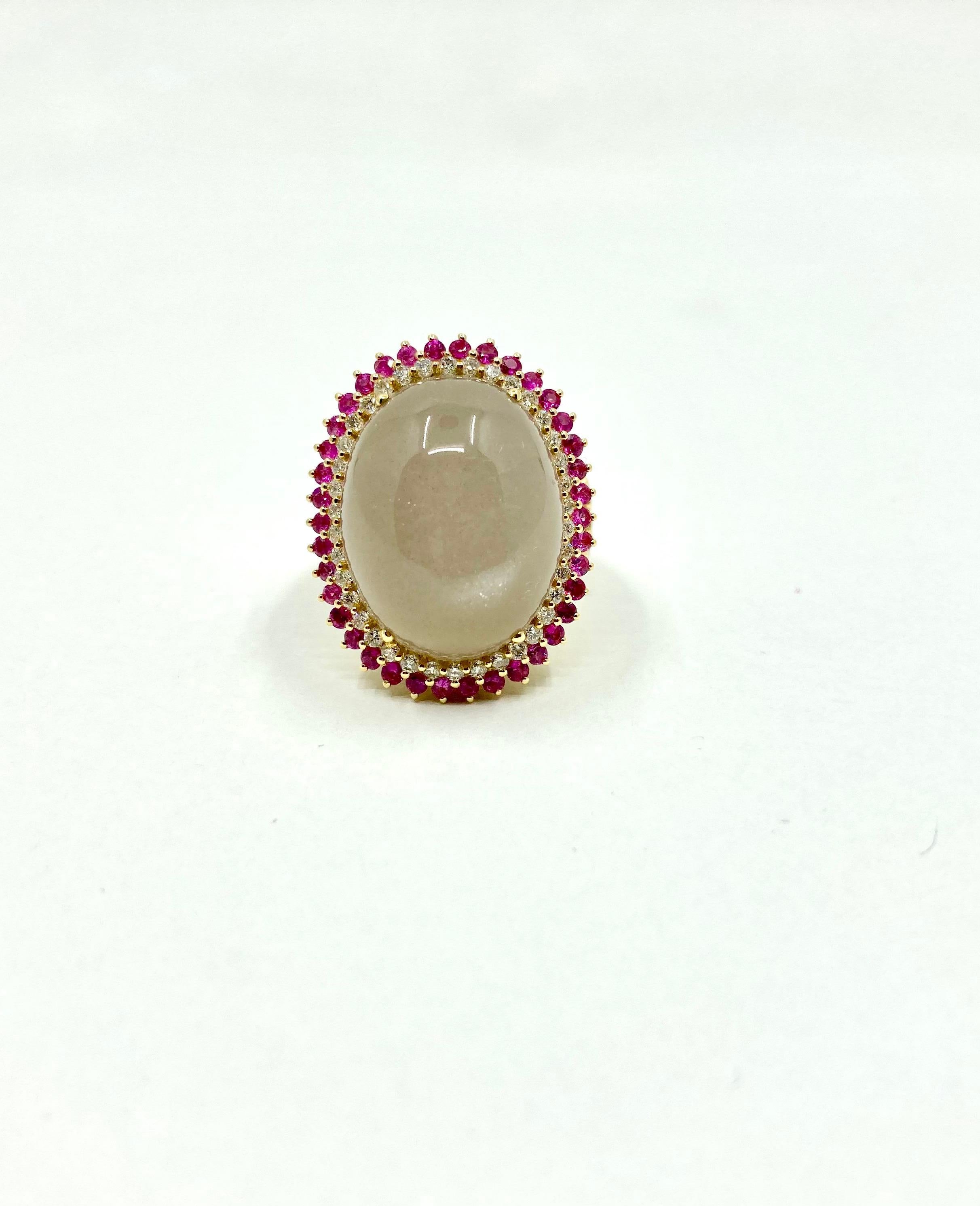 18 Karat Gold Grey Moonstone, Red Sapphires and Diamonds Italian Ring For Sale 1