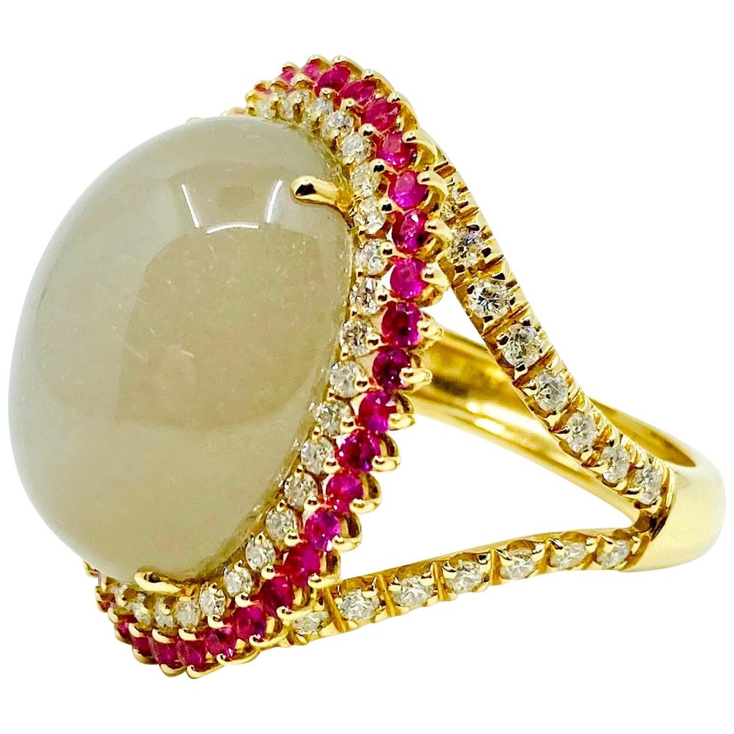 18 Karat Gold Grey Moonstone, Red Sapphires and Diamonds Italian Ring For Sale