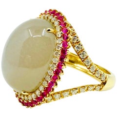 18 Karat Gold Grey Moonstone, Red Sapphires and Diamonds Italian Ring