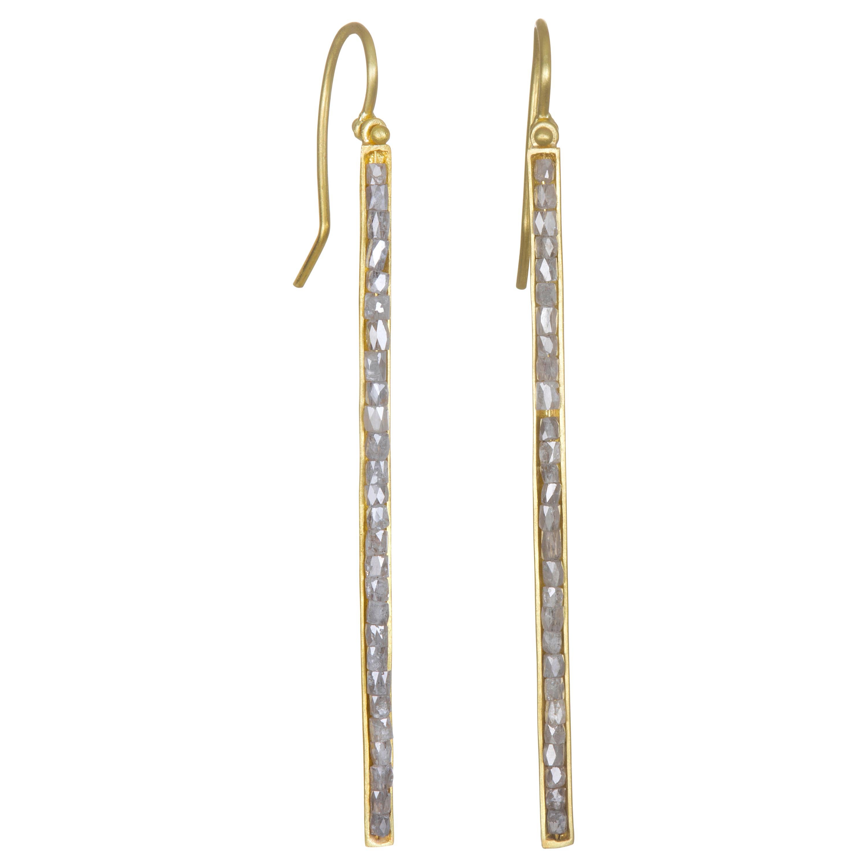 18 Karat Gold Grey Raw Diamond Bar Earrings