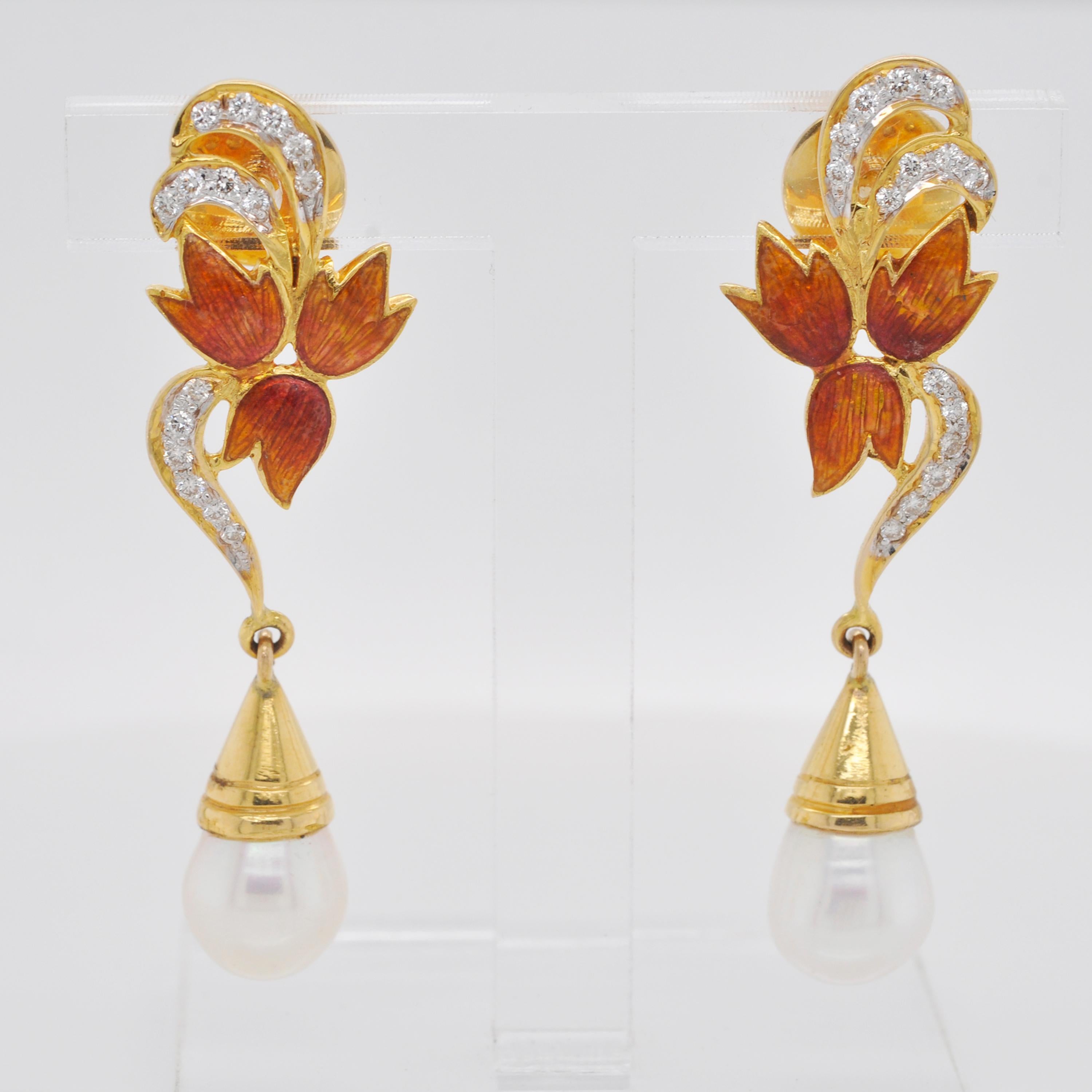Contemporary 18 Karat Gold Guilloché French Enamel Diamond Pearl Dangle Drop Earrings For Sale