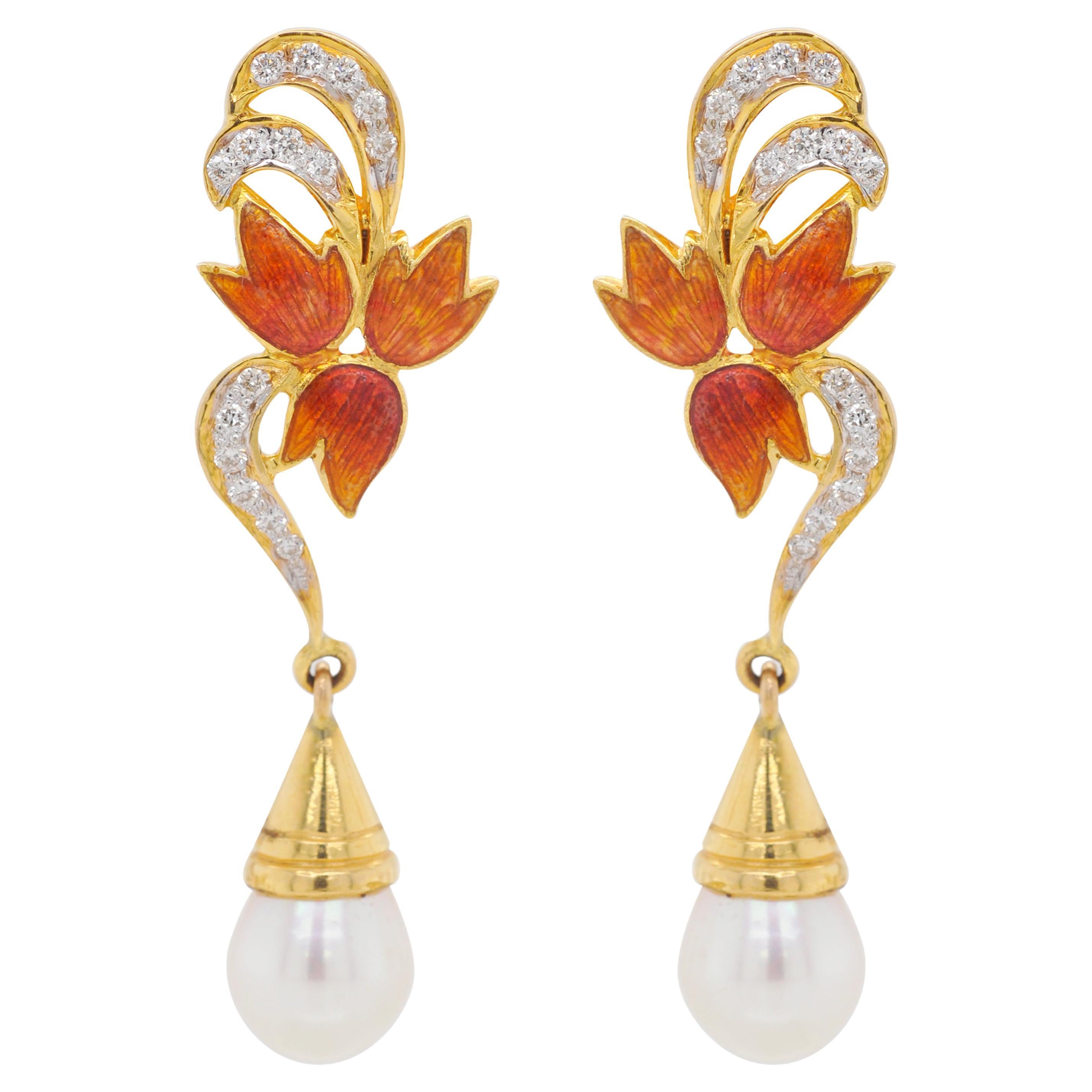 18 Karat Gold Guilloché French Enamel Diamond Pearl Dangle Drop Earrings For Sale