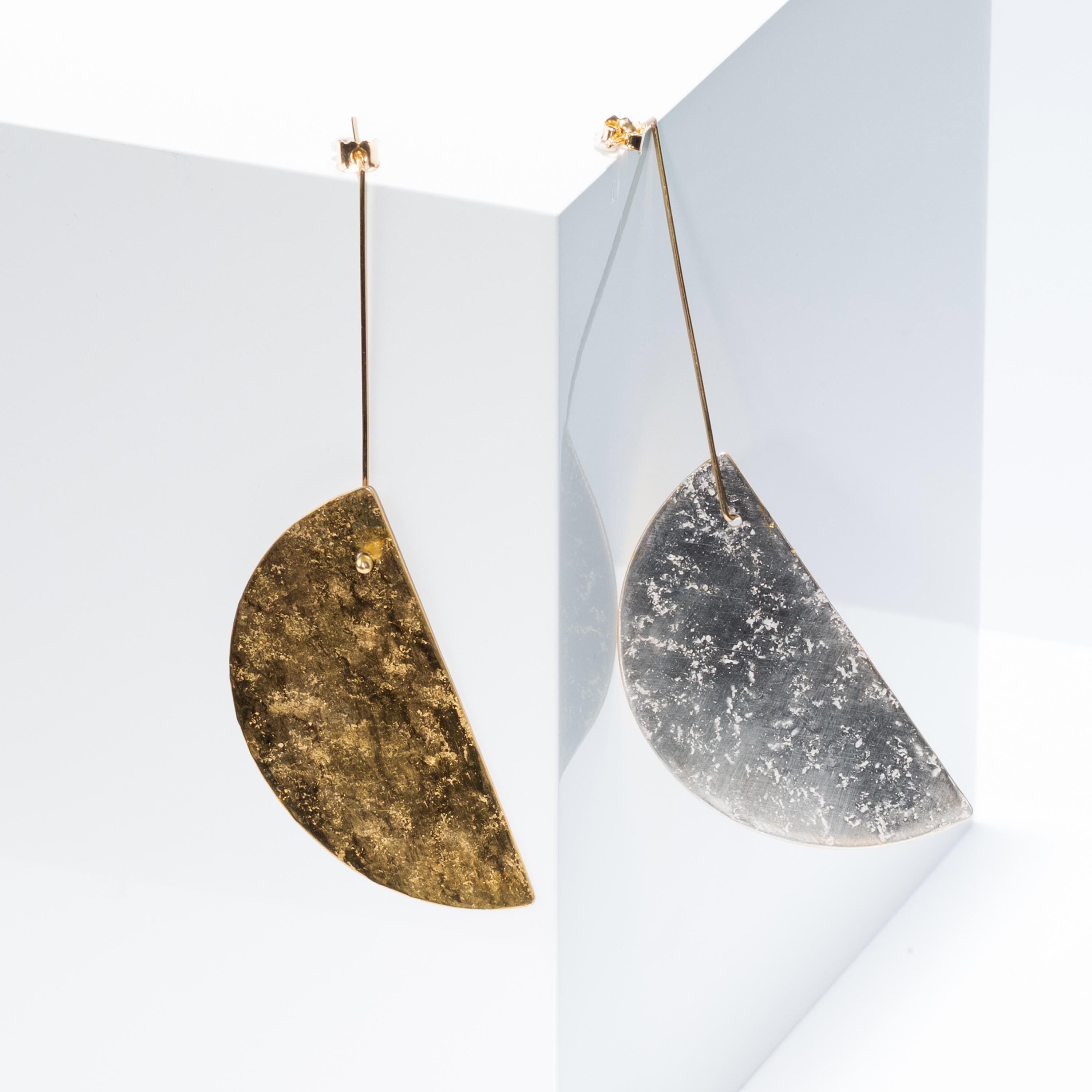 Contemporary Artisan Handmade Reversible 18k Gold, Half Moon Gold Leaf and Silver Earrings For Sale