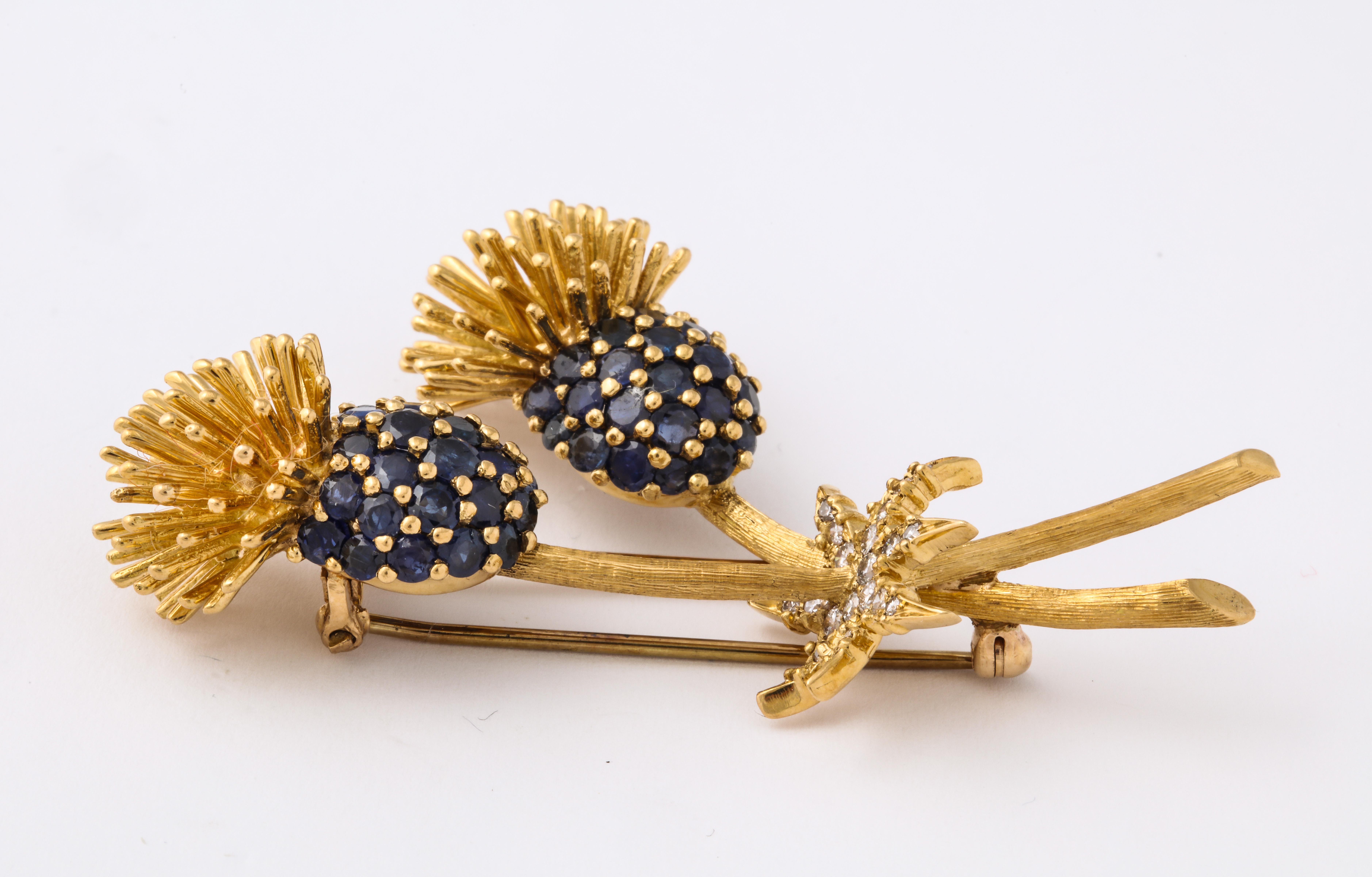 Round Cut 18 Karat Gold Hallmarked SK Clip or Brooch with Blue Sapphires and Diamonds For Sale