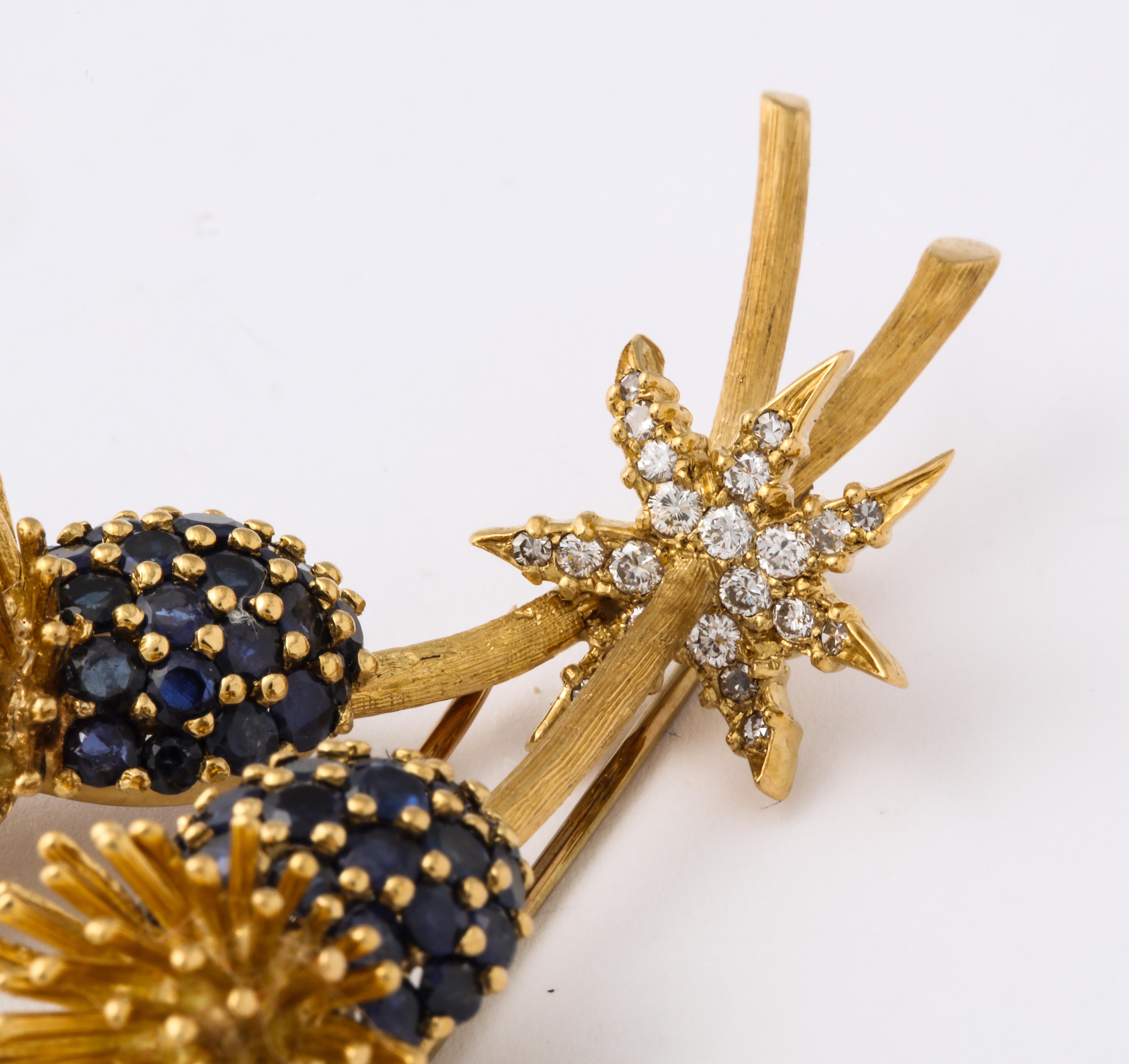 18 Karat Gold Hallmarked SK Clip or Brooch with Blue Sapphires and Diamonds In Good Condition For Sale In New York, NY