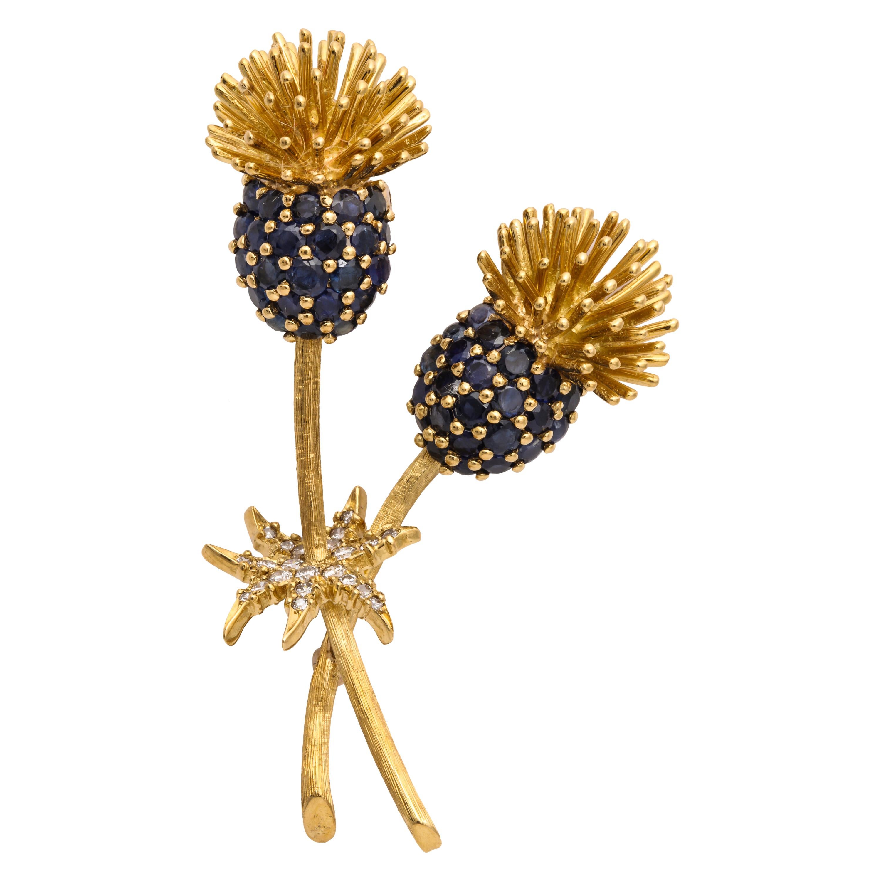 18 Karat Gold Hallmarked SK Clip or Brooch with Blue Sapphires and Diamonds For Sale