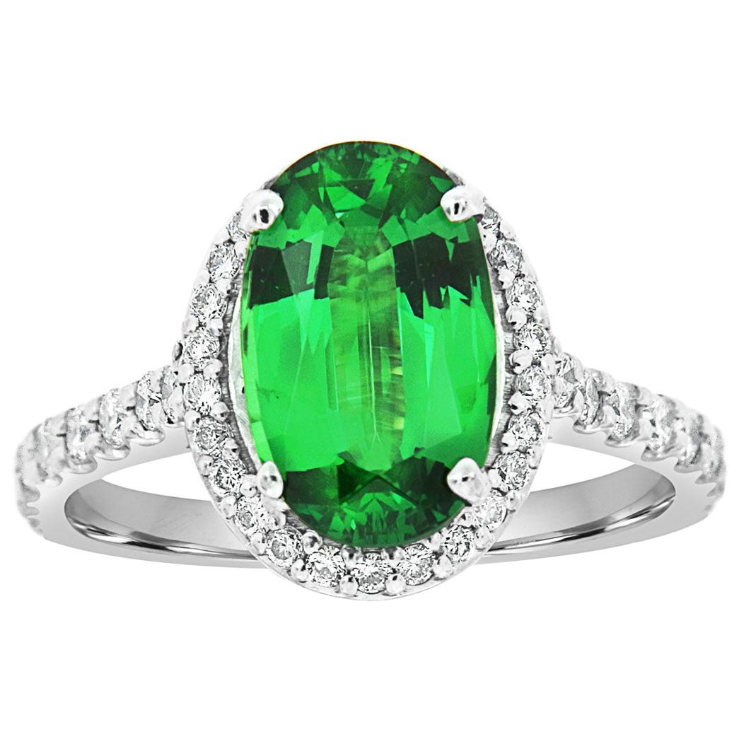 18 Karat Gold Halo Oval Green Tsavorite Diamond Ring GIA 'Center-2.86 Carat .' For Sale