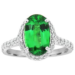 18 Karat Gold Halo Oval Green Tsavorite Diamond Ring GIA 'Center-2.86 Carat .'