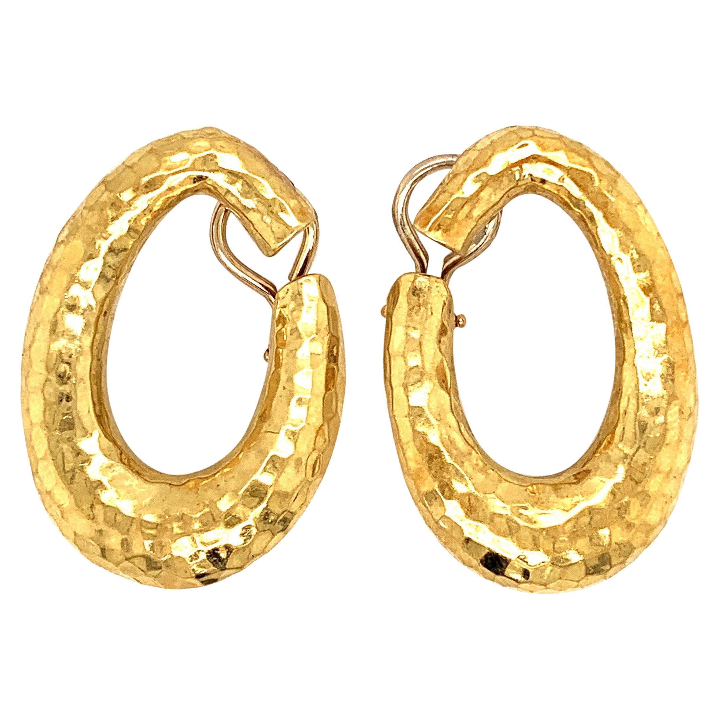 18 Karat Gold Hammered Hoop Earrings For Sale