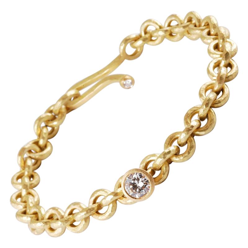 18 Karat Gold Hammered Link Bracelet with Brilliant Cut Diamond Charm 0.72 Carat