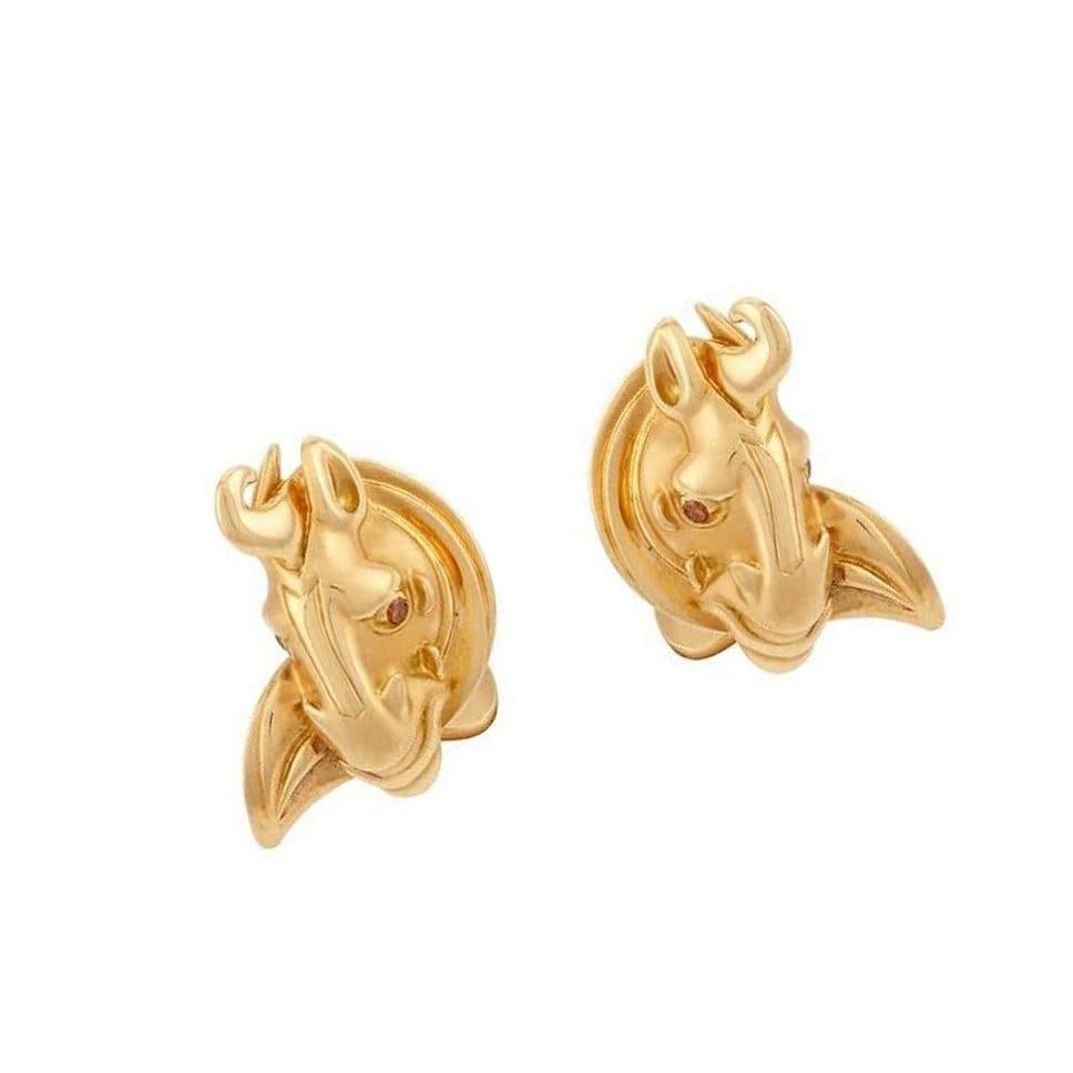 Contemporary 18 Karat Gold HAN HORSE Earrings with Orange-Red Diamonds by John Landrum Bryant For Sale