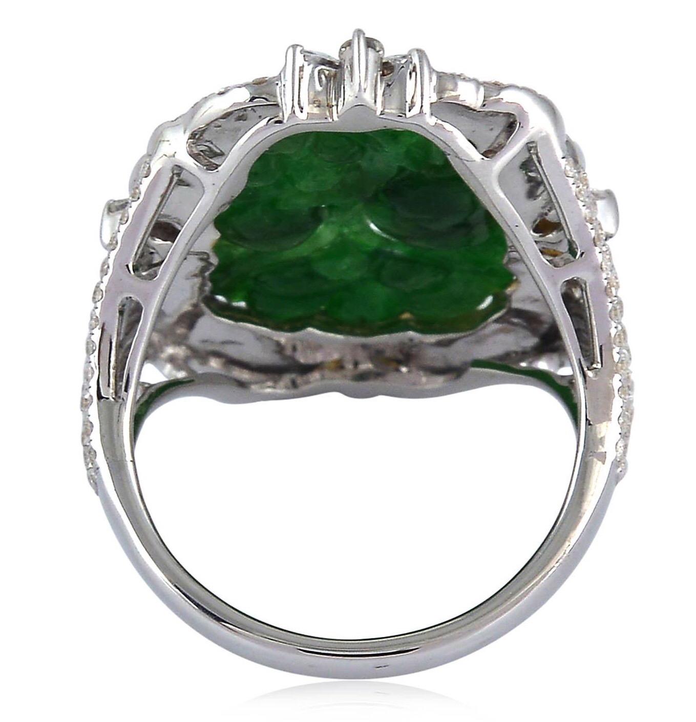 Mixed Cut Carved Jade Diamond 18 Karat Gold Ring For Sale