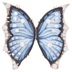 18 Karat Gold Hand-Carved Agate Black Butterfly Diamond Pendant Necklace