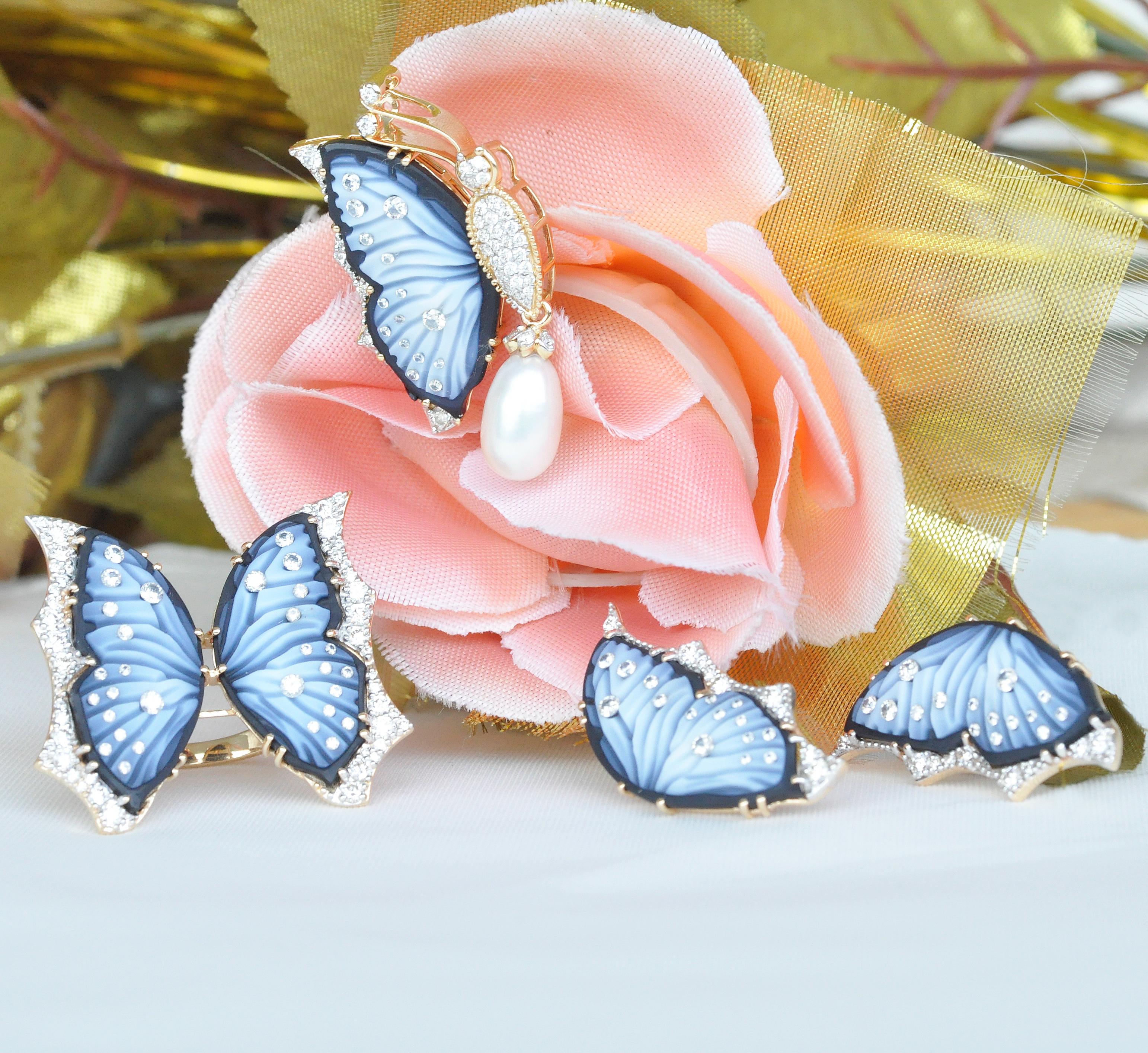 Bague de cocktail contemporaine en or 18 carats Agate papillon diamantée sculptée à la main en vente 12