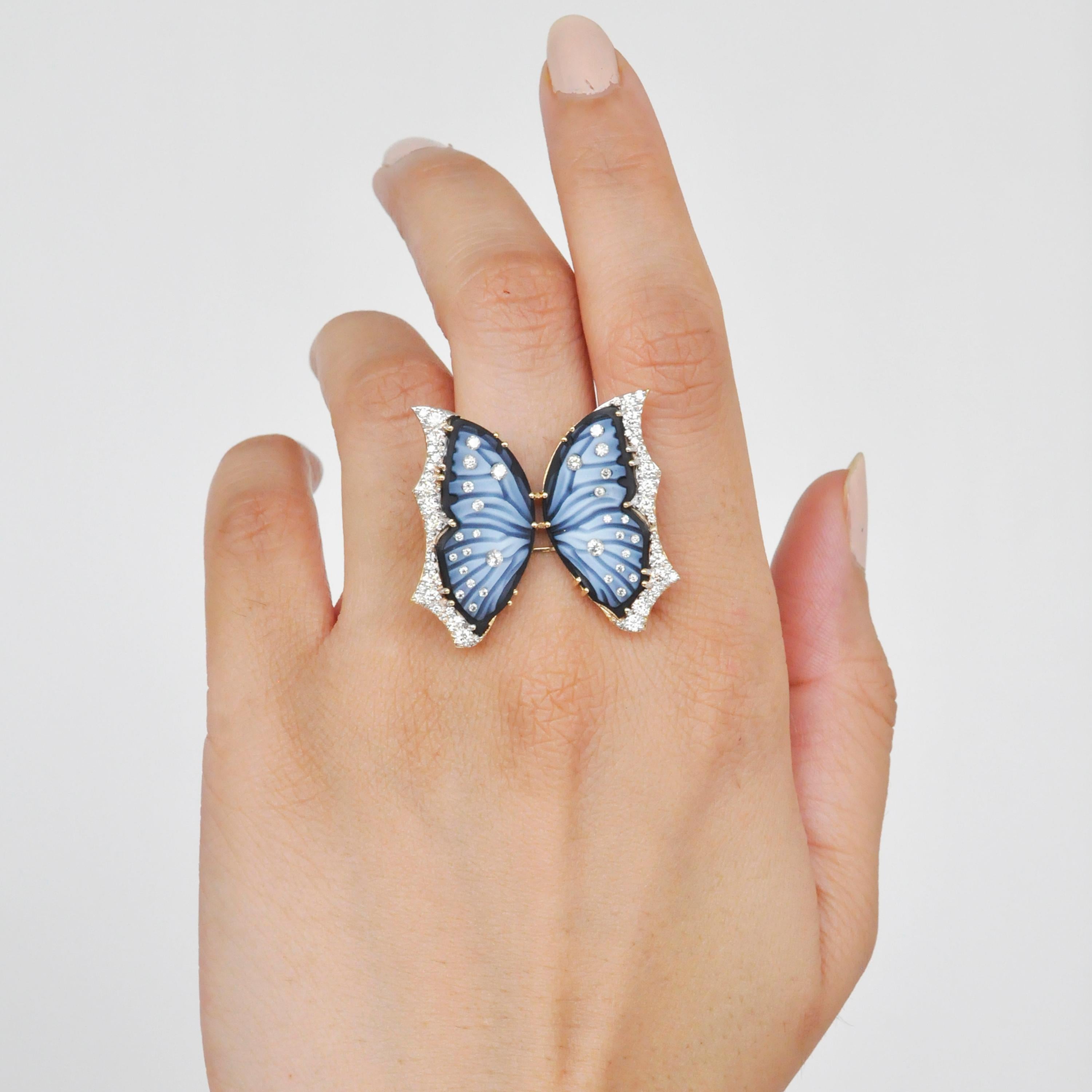 18 karat gold hand-carved agate butterfly diamond contemporary cocktail ring.

This butterfly ring is superb! The intricacy of the carving is so perfect that that the more you look at it, the more it grows on you. The process of making this ring set