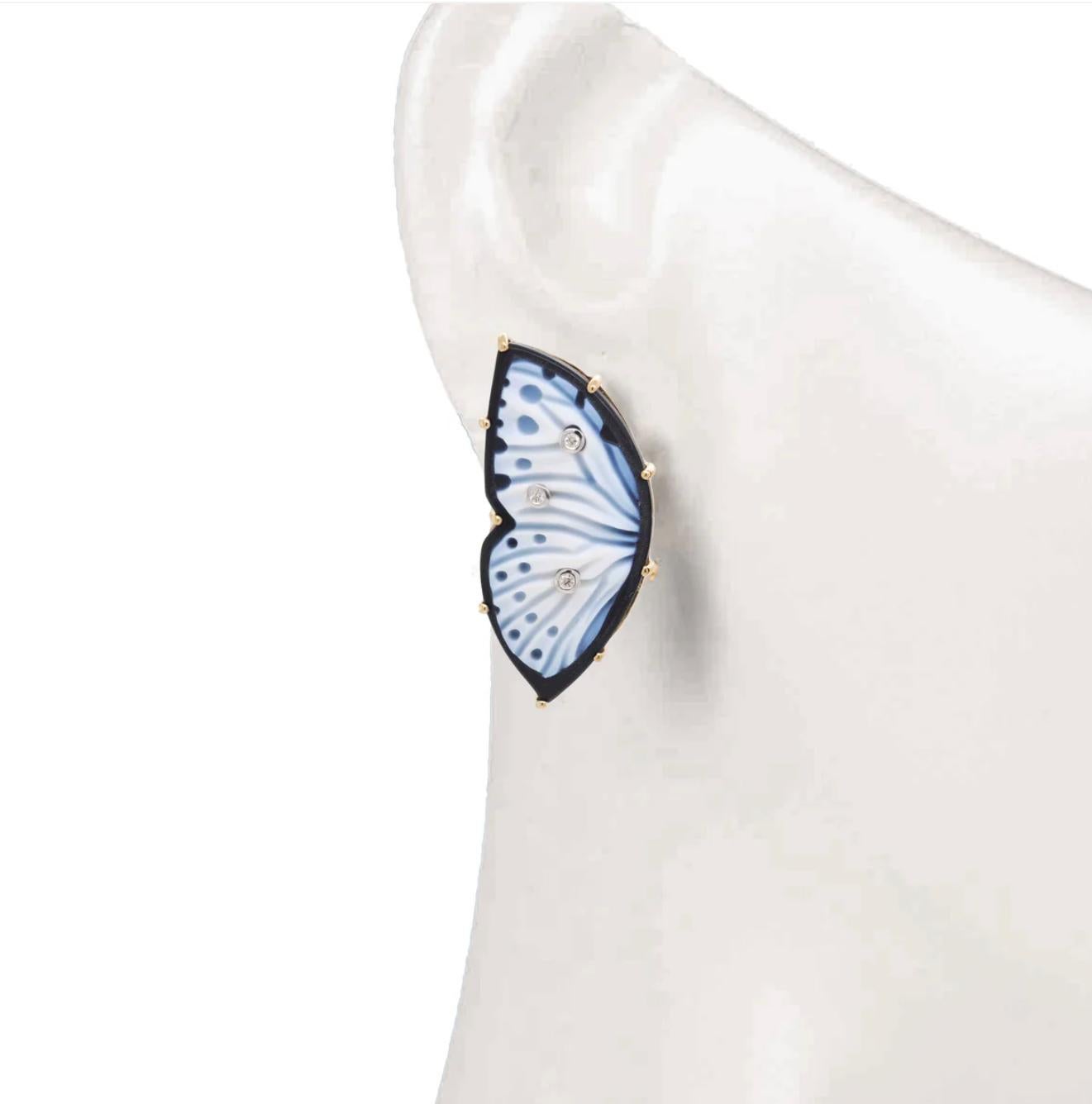 Contemporary 14 Karat Gold Hand Carved Agate Gemstone Butterfly Carving Diamond Stud Earrings For Sale