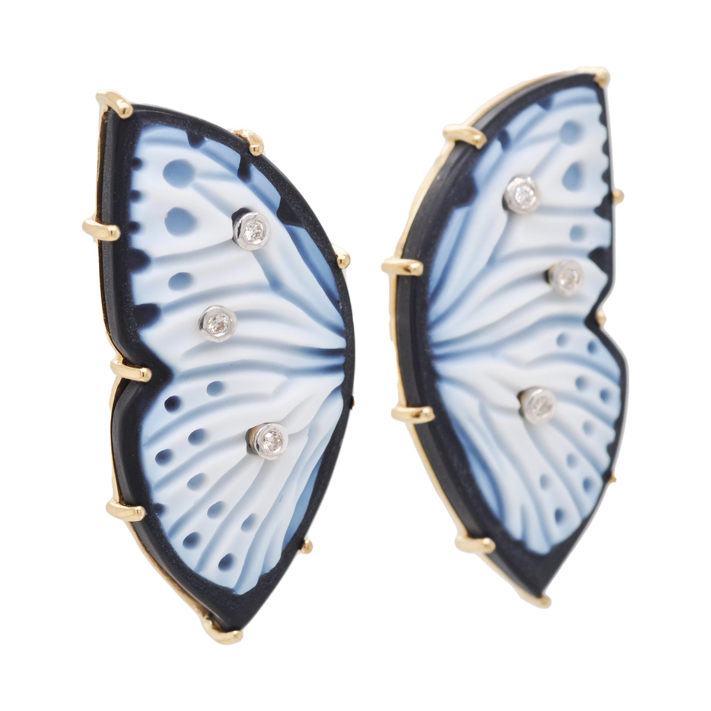 Contemporary 18 Karat Gold Hand Carved Agate Gemstone Butterfly Carving Diamond Stud Earrings For Sale