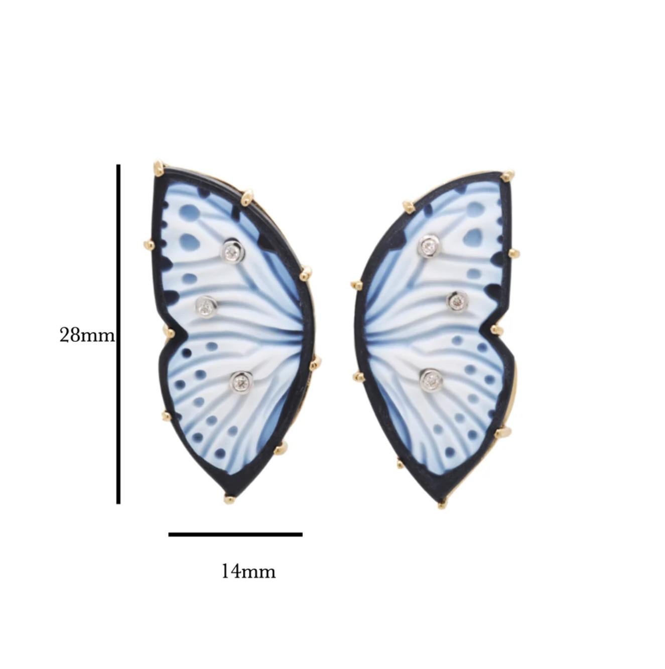 These stunning stud earrings feature a truly unique design, showcasing the artistry of nature and exquisite craftsmanship. Crafted from 14 karat yellow gold, they are meticulously hand-carved to depict delicate butterfly wings.

The wings of the