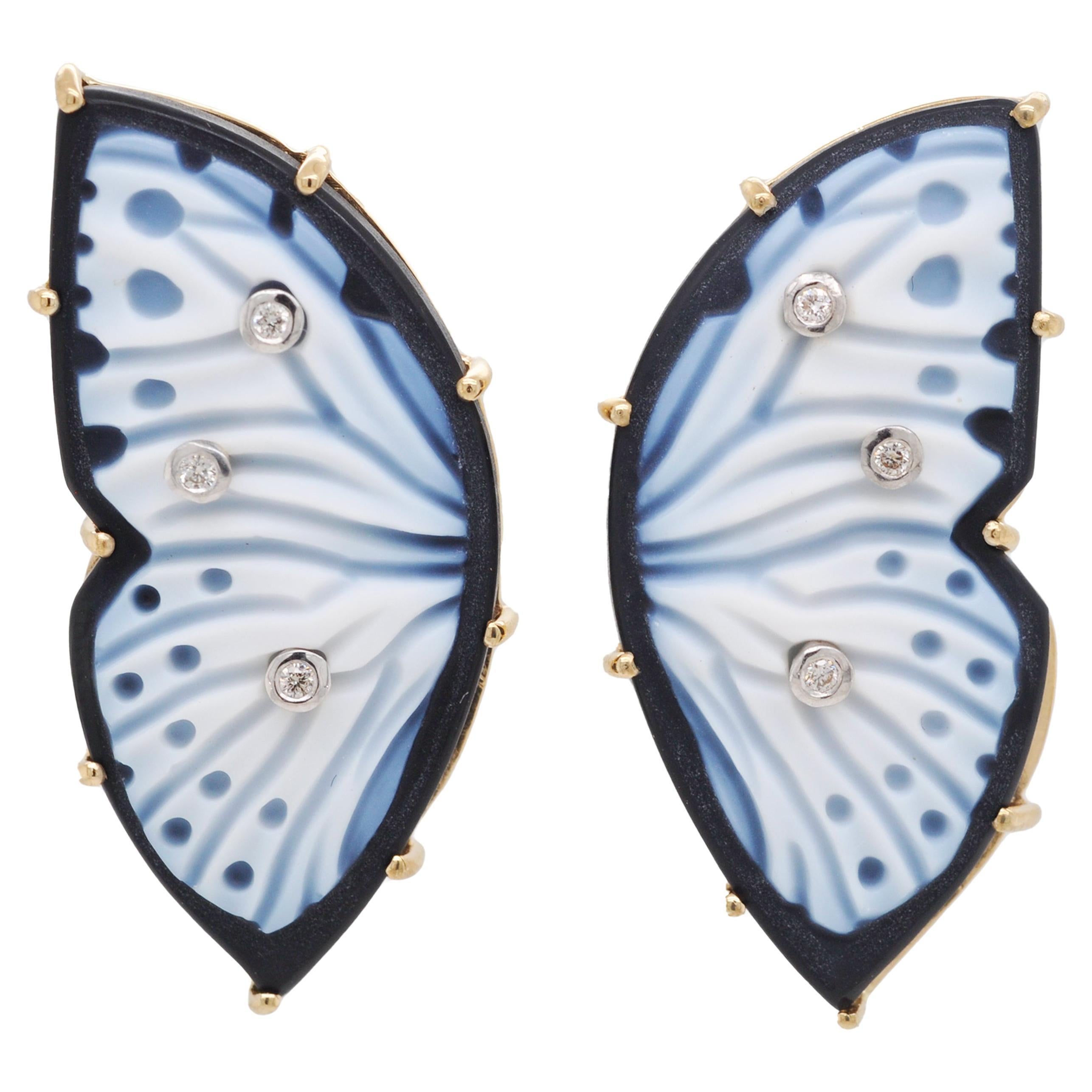 18 Karat Gold Hand Carved Agate Gemstone Butterfly Carving Diamond Stud Earrings For Sale