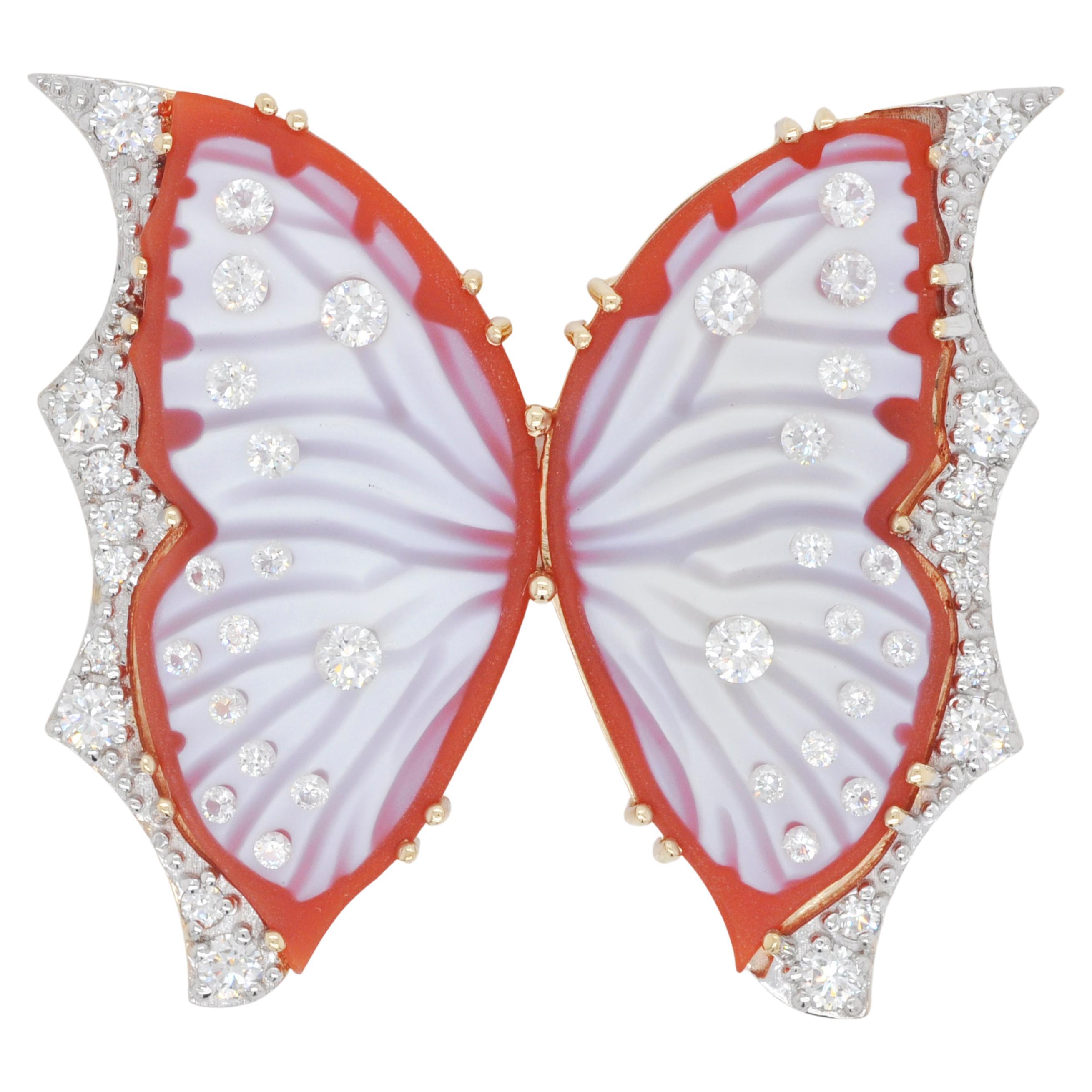 Collier pendentif broche papillon en agate rouge et diamants en or 18 carats sculptés à la main