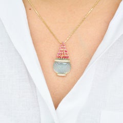 18 Karat Gold Hand-Carved Blue Topaz Ruby Diamond Pendant Necklace