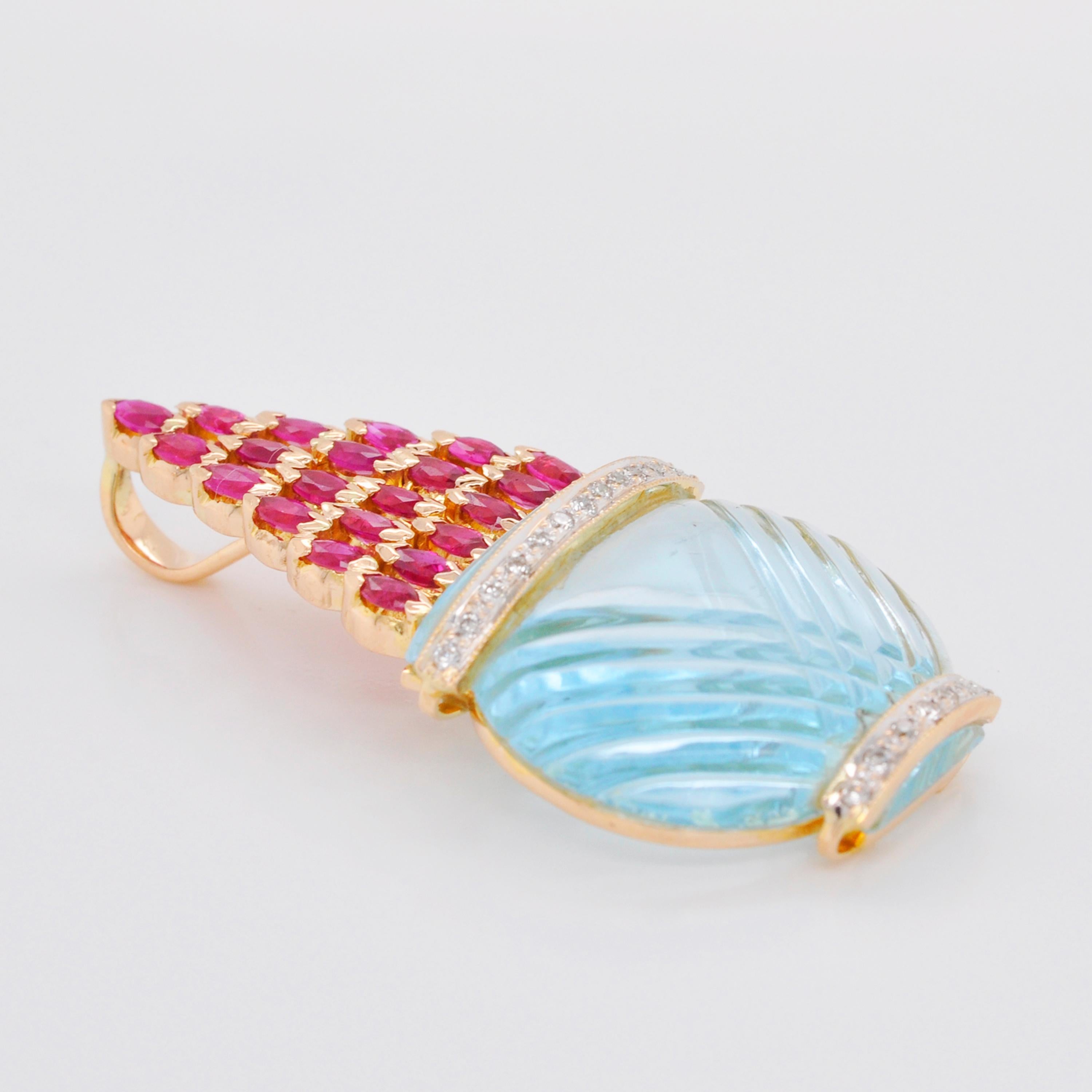 Women's 18 Karat Gold Hand-Carved Blue Topaz Ruby Diamond Pendant Necklace For Sale