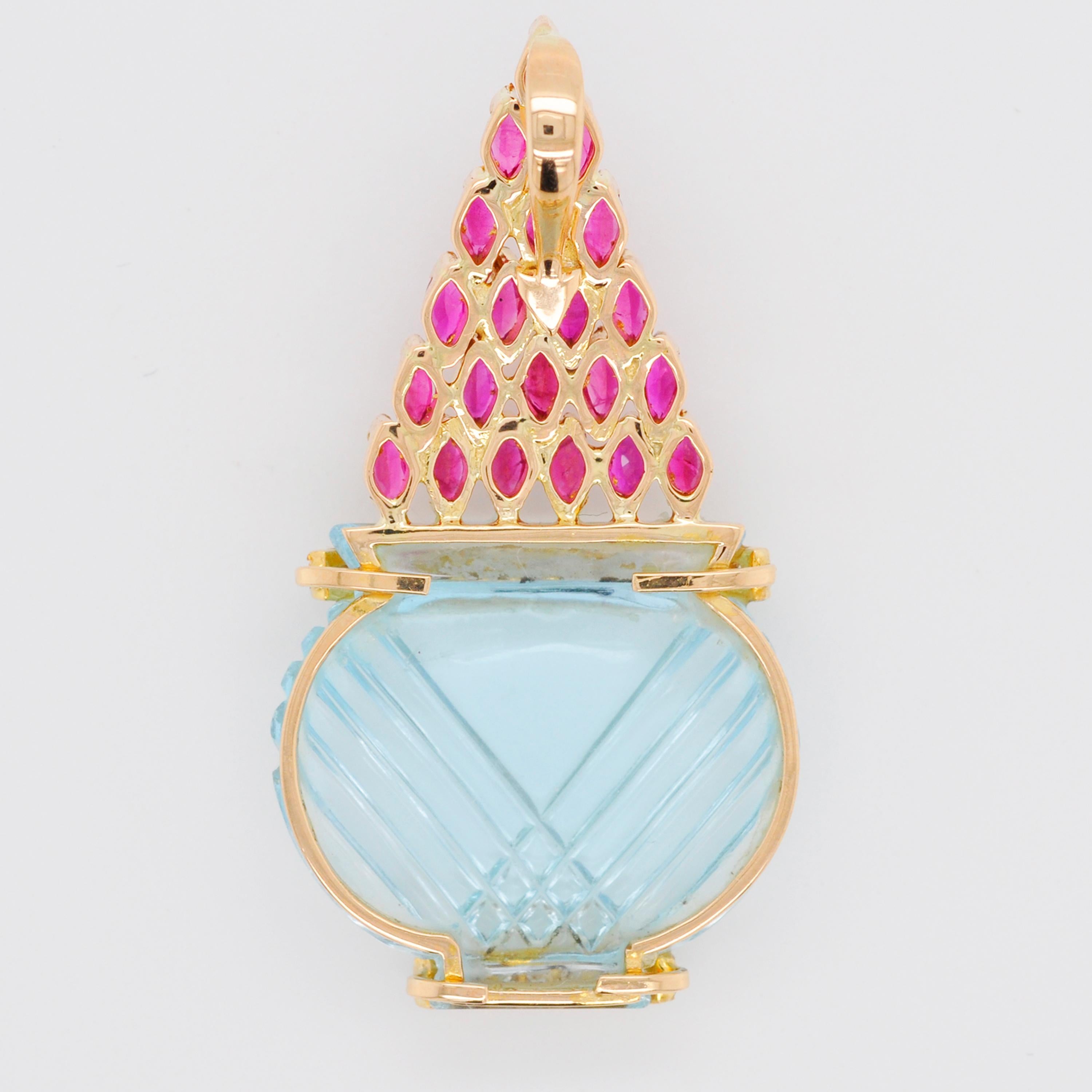 18 Karat Gold Hand-Carved Blue Topaz Ruby Diamond Pendant Necklace For Sale 1