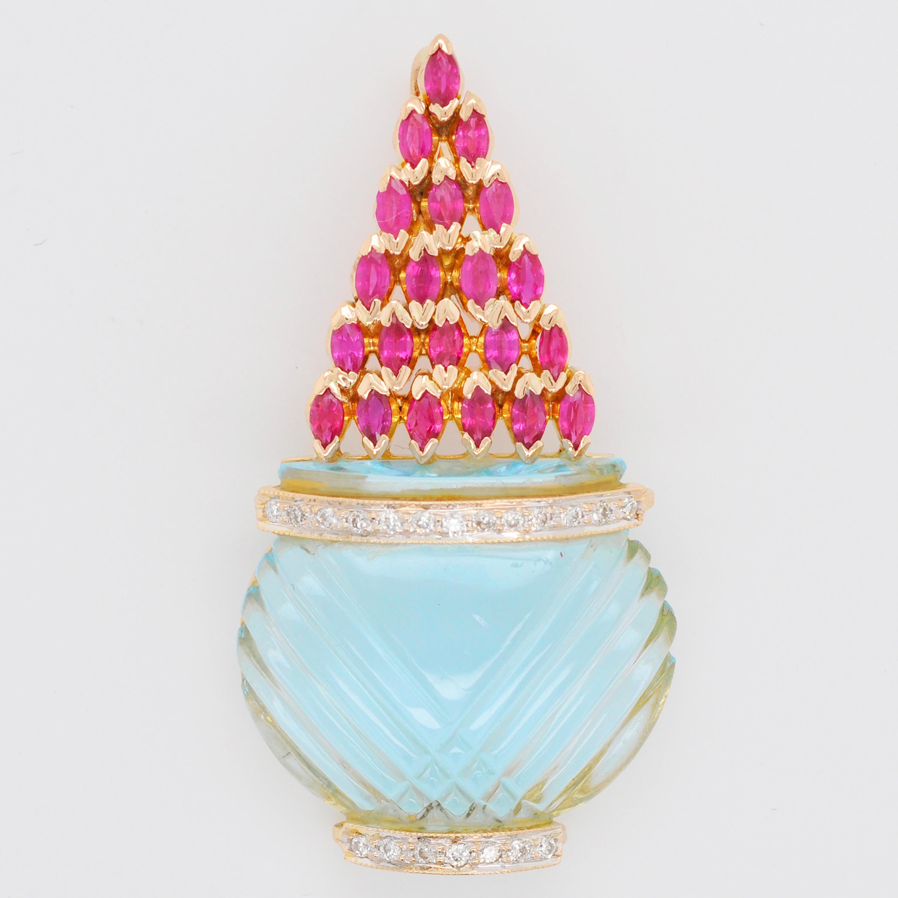 18 Karat Gold Hand-Carved Blue Topaz Ruby Diamond Pendant Necklace For Sale 2