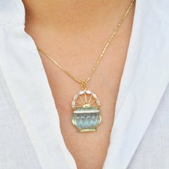 18 Karat Gold Hand-Carved Blue Topaz Vase Marquise Diamond Pendant Necklace