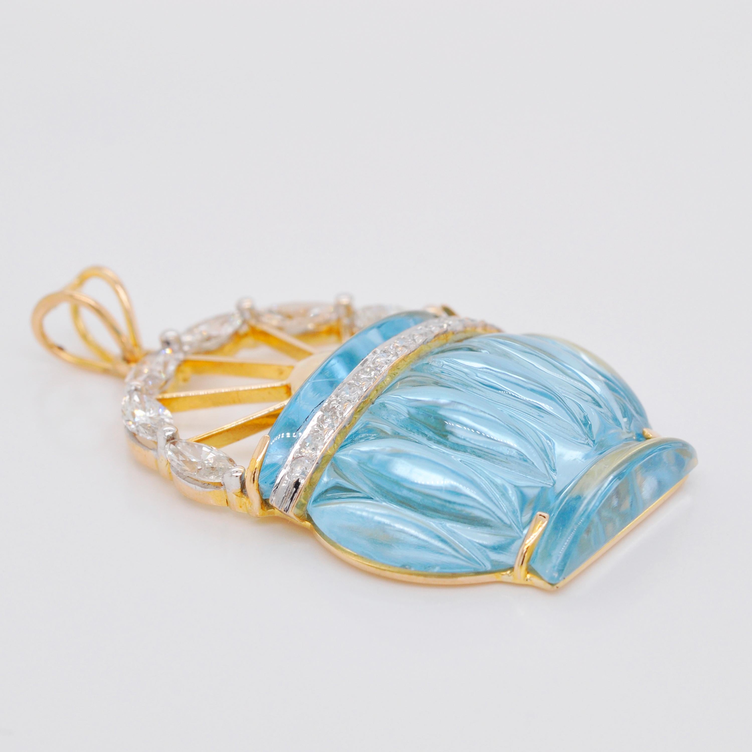 Contemporary 18 Karat Gold Hand-Carved Blue Topaz Vase Marquise Diamond Pendant Necklace