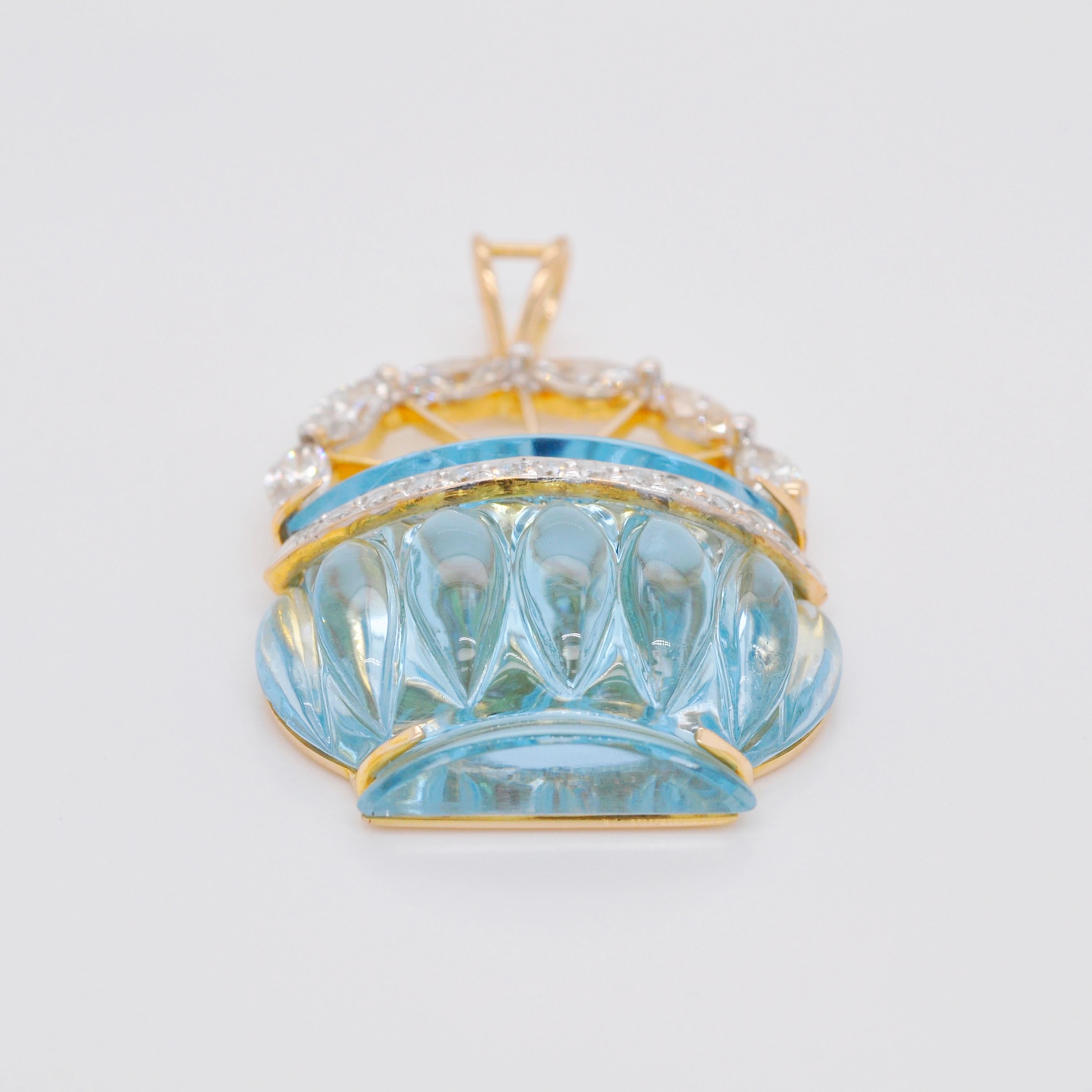 Marquise Cut 18 Karat Gold Hand-Carved Blue Topaz Vase Marquise Diamond Pendant Necklace