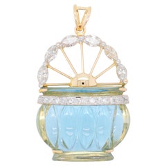 18 Karat Gold Hand-Carved Blue Topaz Vase Marquise Diamond Pendant Necklace