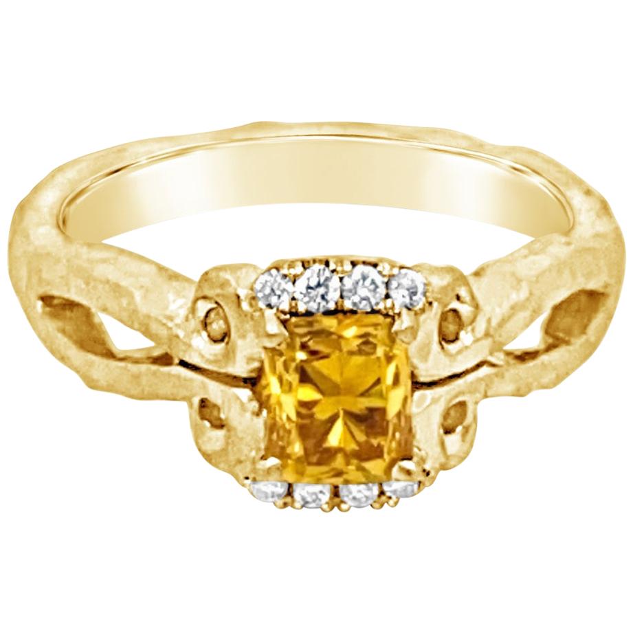 18K Hand-Hammered Engagement Ring with 0.80 Carat Orange Diamond Center